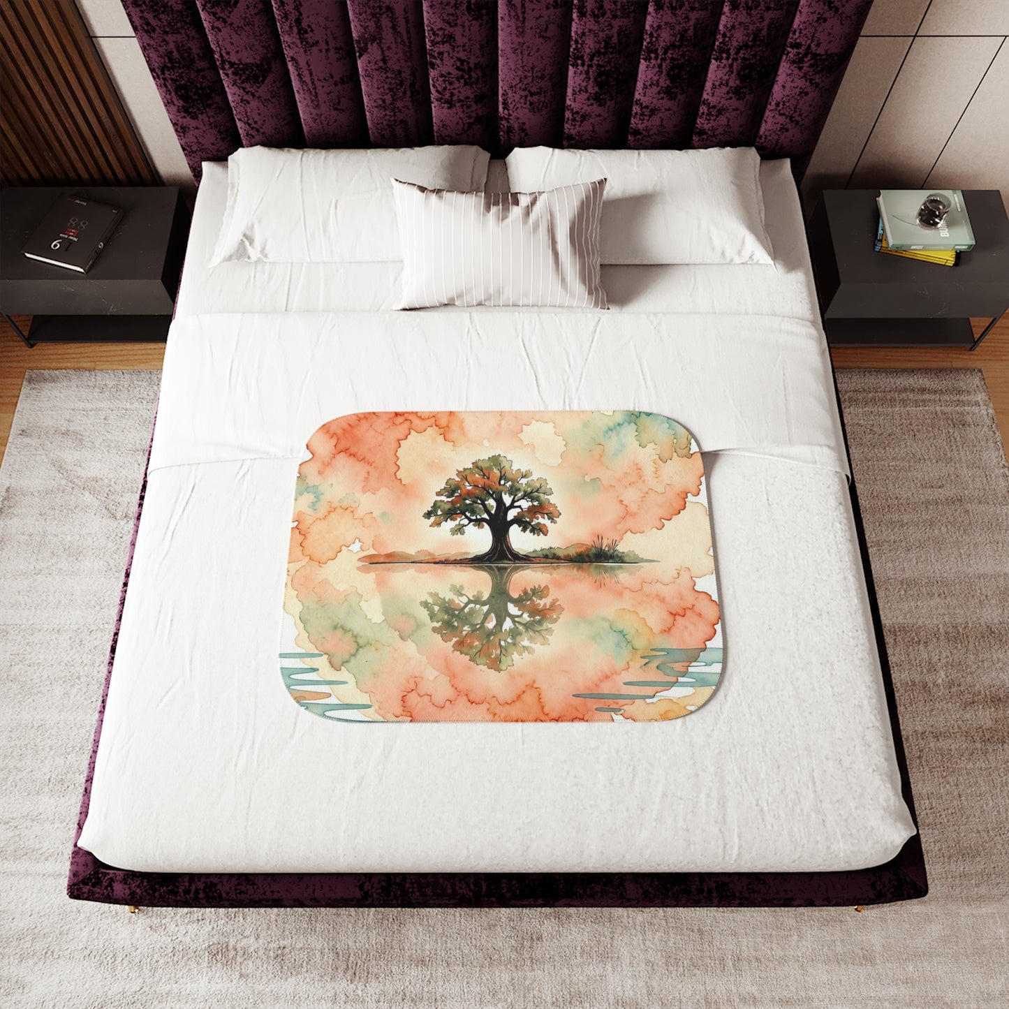 Zen Watercolor Tree  Reflection Sherpa Blanket — Lone Tree Lake Reflection