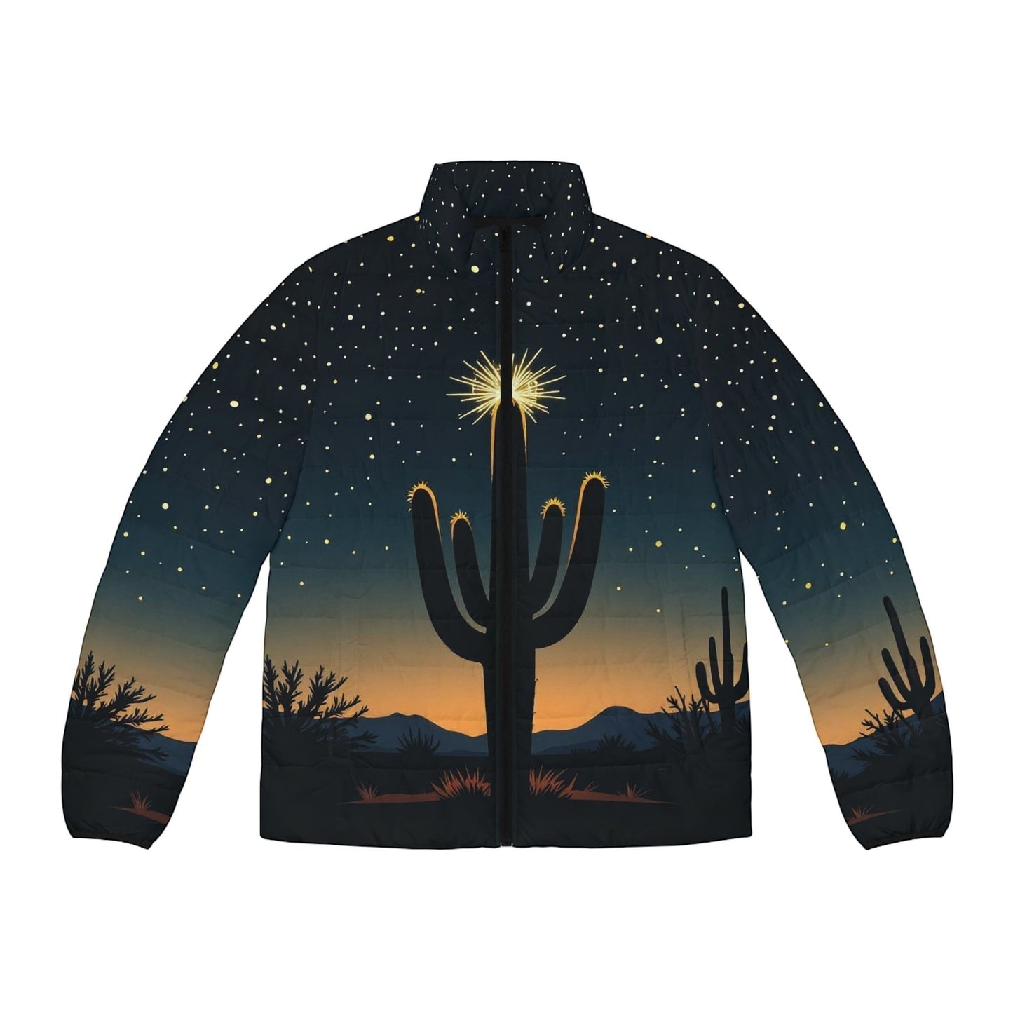 Chromatic puffer jacket featuring a desert cactus silhouette under a starry night sky with warm sunset hues.