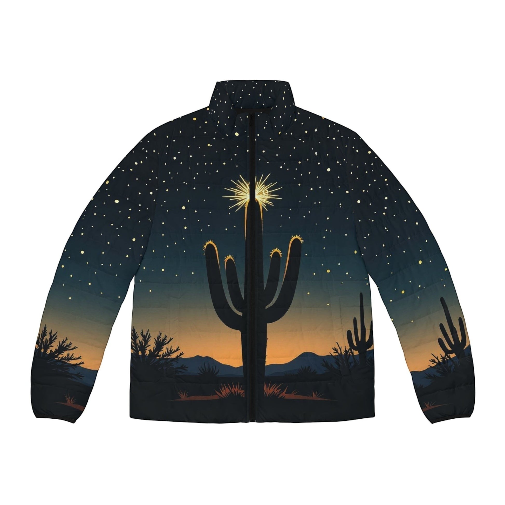 Chromatic puffer jacket featuring a desert cactus silhouette under a starry night sky with warm sunset hues.