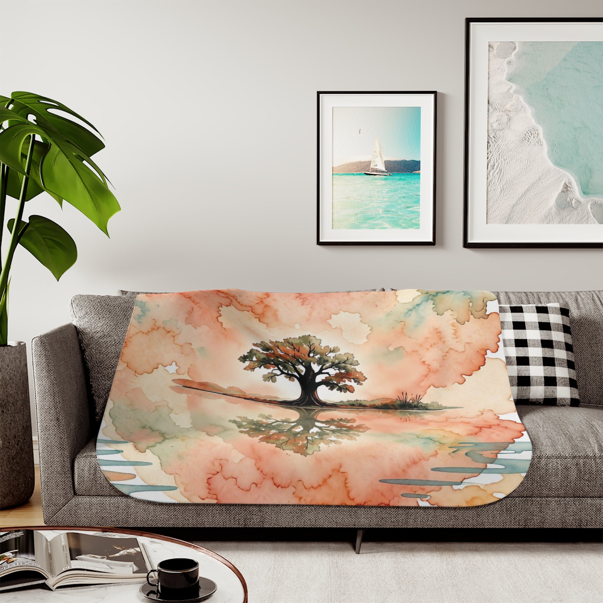 Zen Watercolor Tree Sherpa Blanket — Lone Tree Lake Reflection