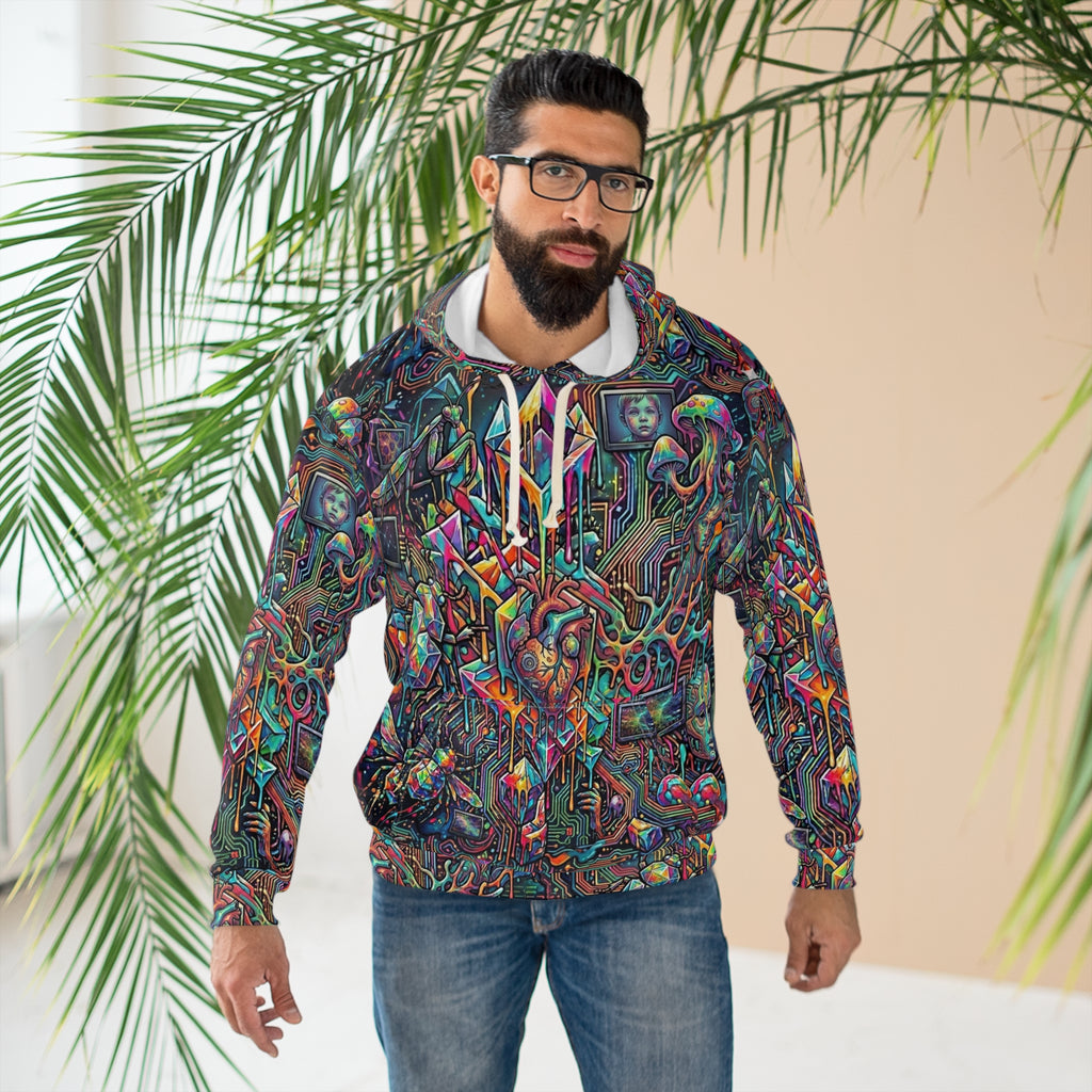 Cyber-Psychedelic Maximalist Hoodie — Colorful Contrasting Modern Art Pullover