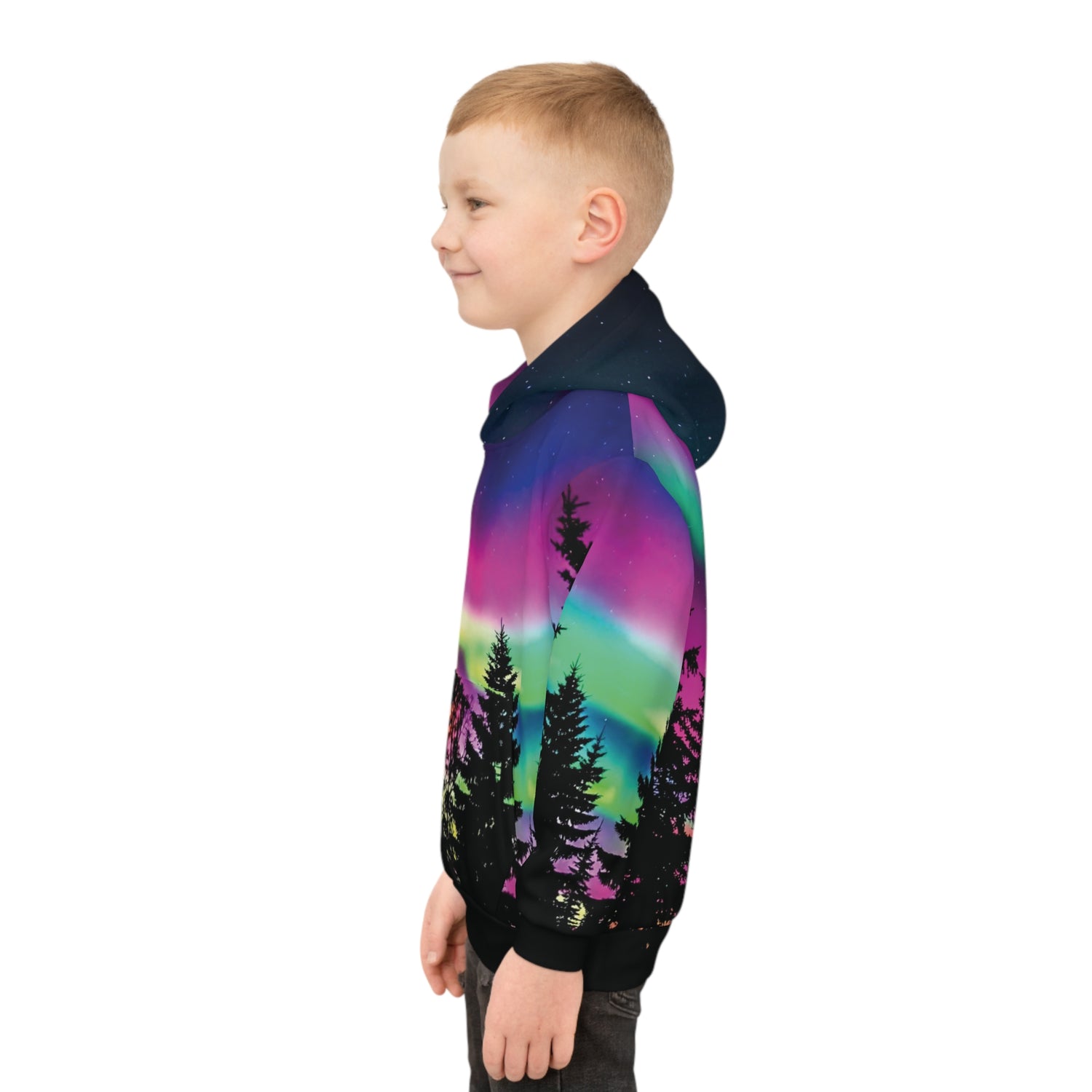 Aurora Neon Moon Children's Hoodie — Bright Night Sky Over Tree Line