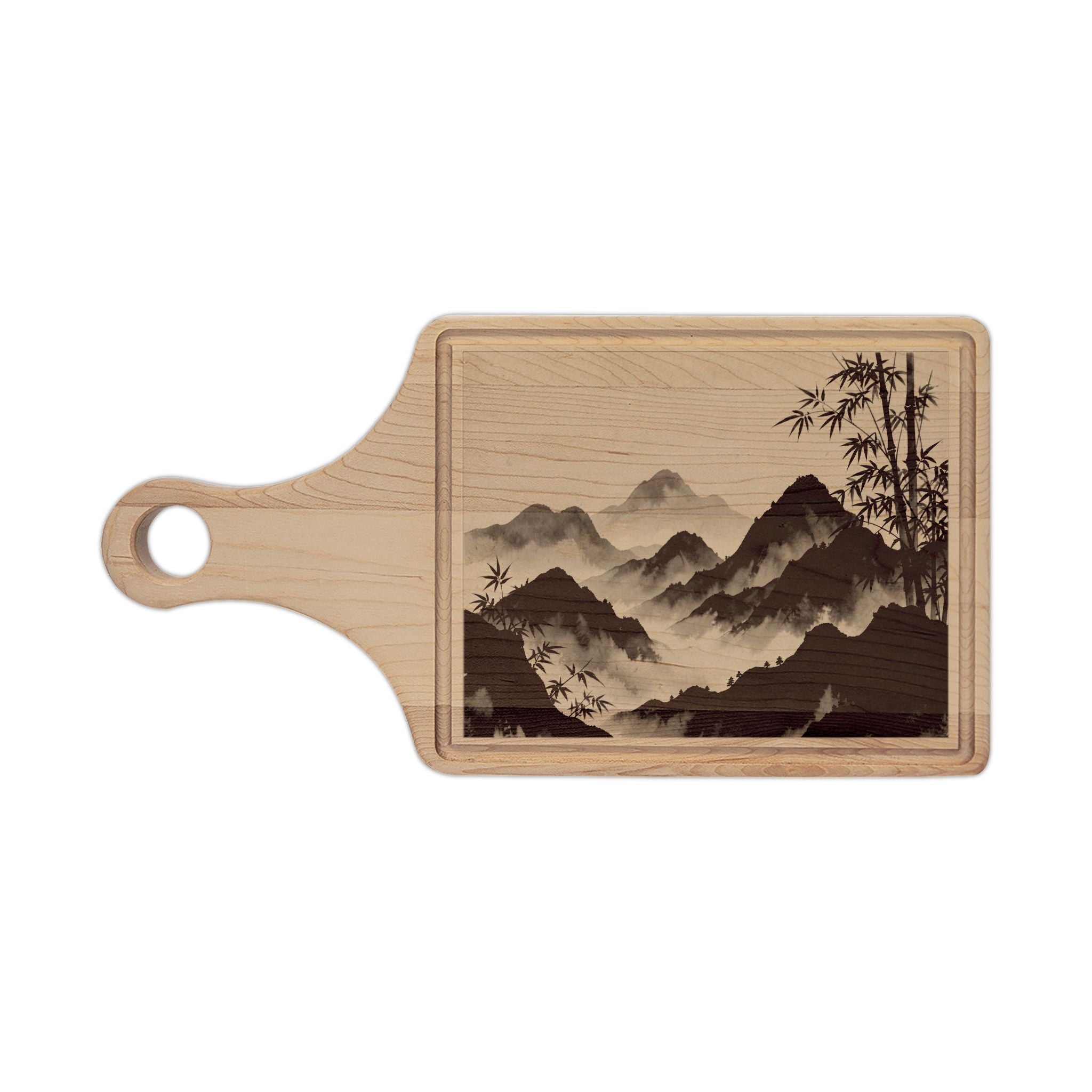 Zen Bamboo Mountains Wooden Cutting Board — Engraved Maple or Walnut