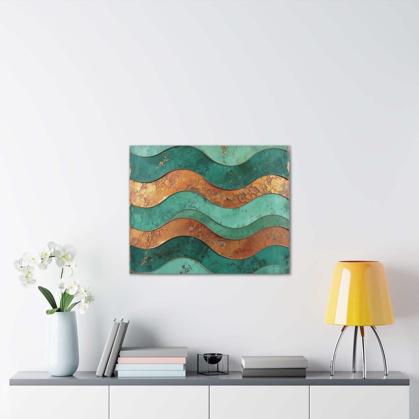 Abstract Copper Waves Canvas Art – Teal & Rust Stretched Wall Decor