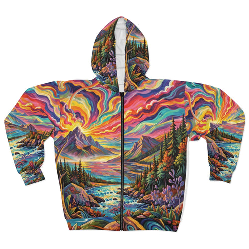 Chromatic zip hoodie featuring vibrant abstract Pacific Northwest landscape art with teal, moss, and sunset orange tones.