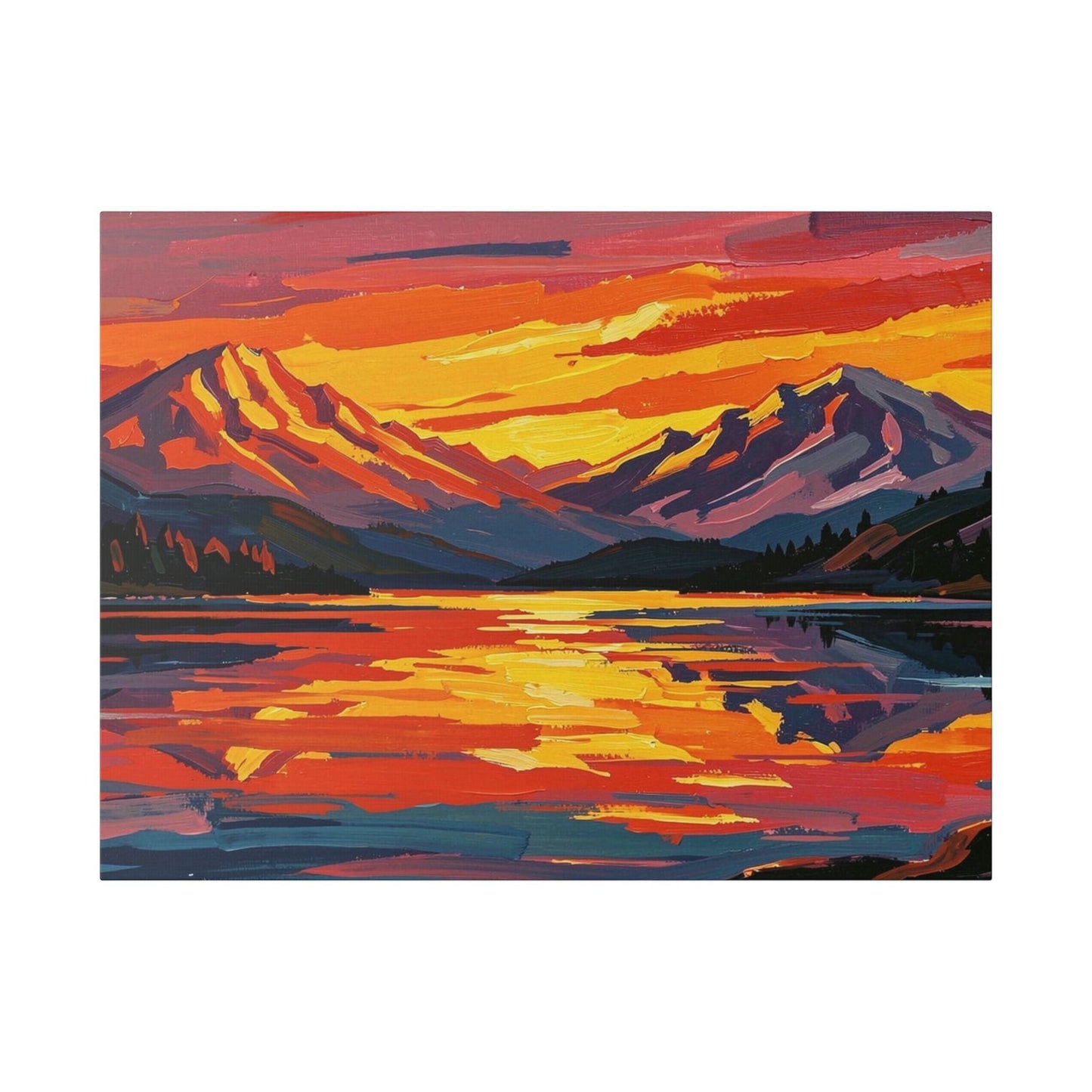 Chromatic canvas print featuring a vibrant mountain lake landscape with textured brushstrokes in orange and indigo.