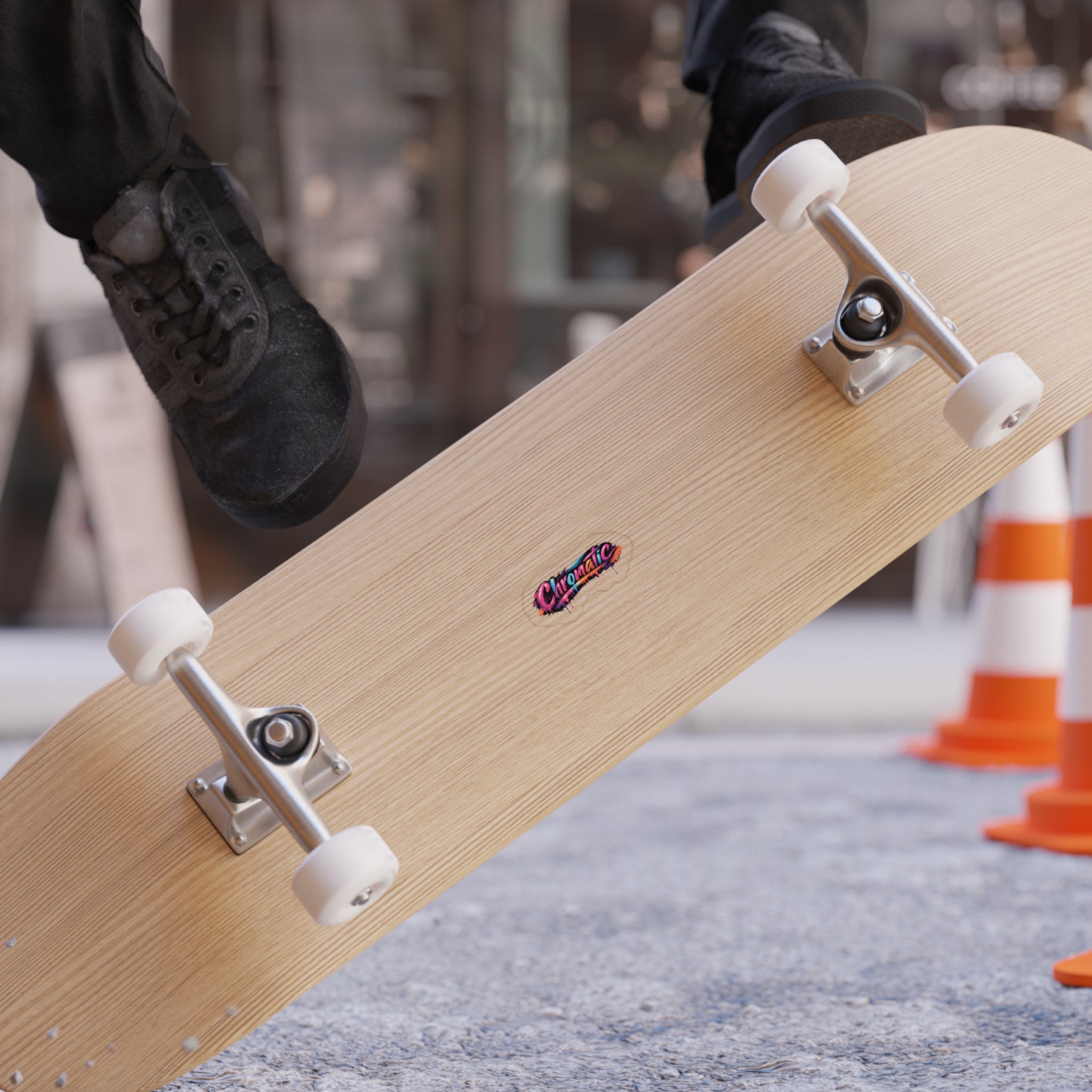 A skateboard flips midair, revealing a bold, graffiti‑style “Chromatic” graphic splashed with vivid pink, blue, orange, and black. The light wood deck and clean white wheels contrast with the energetic artwork, while a skater in black shoes adds motion and attitude. Traffic cones and a textured gray surface create an urban backdrop, emphasizing the dynamic, colorful, artistic style ideal for expressive fashion branding.