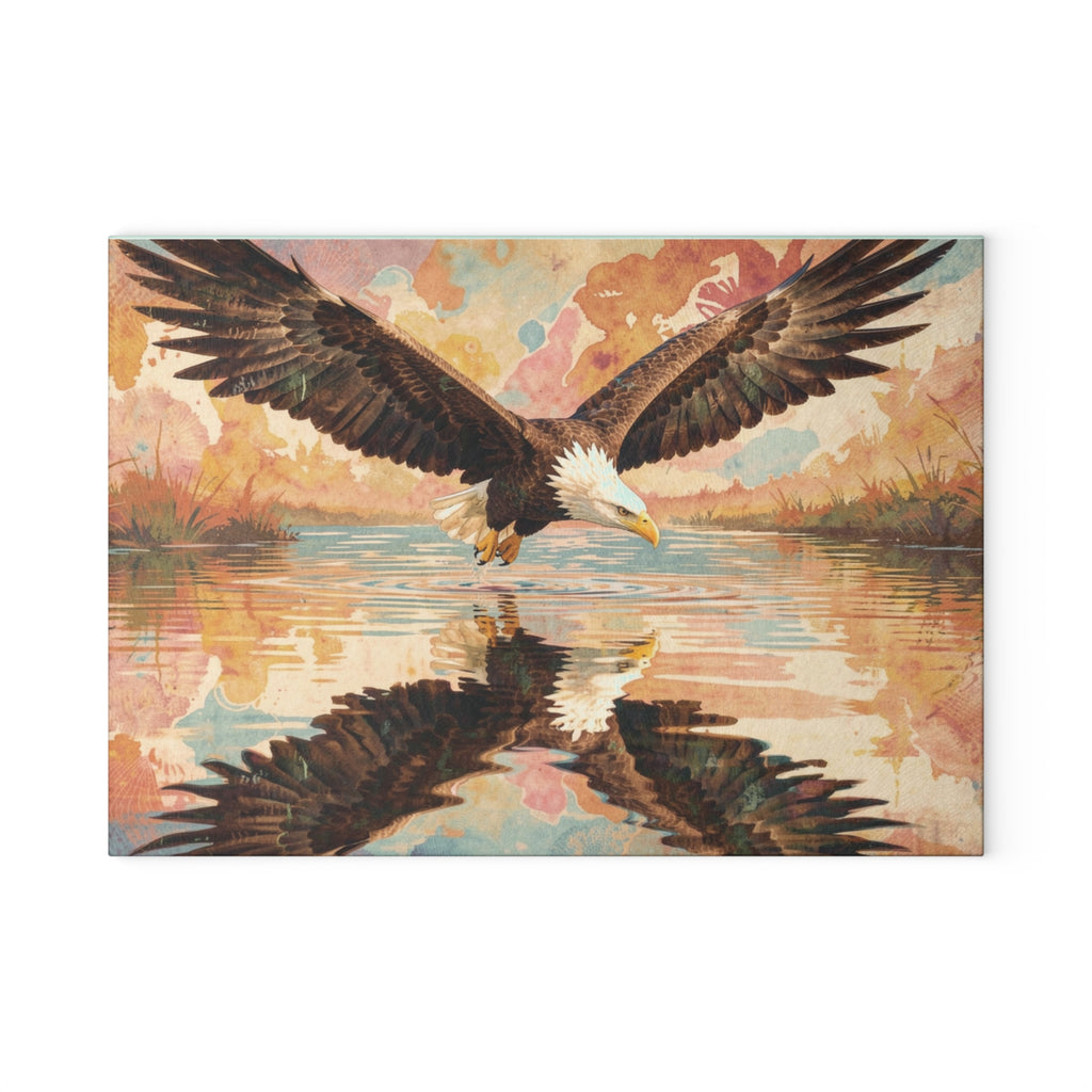 Boho Watercolor Eagle Glass Cutting Board — Swooping Eagle with Reflection