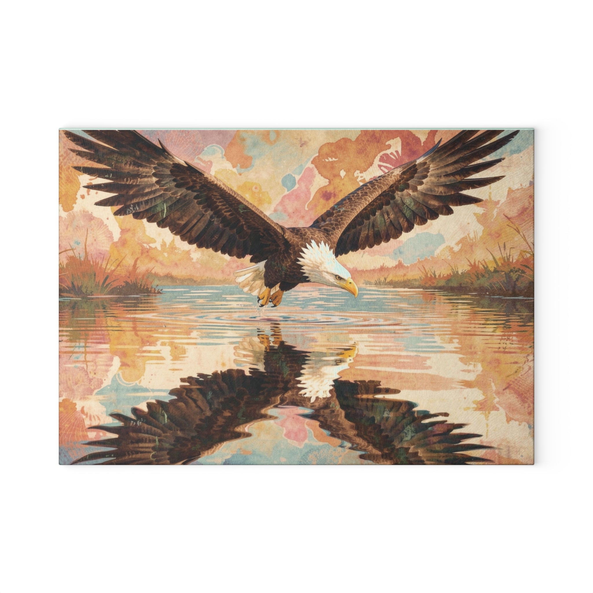 Boho Watercolor Eagle Glass Cutting Board — Swooping Eagle with Reflection