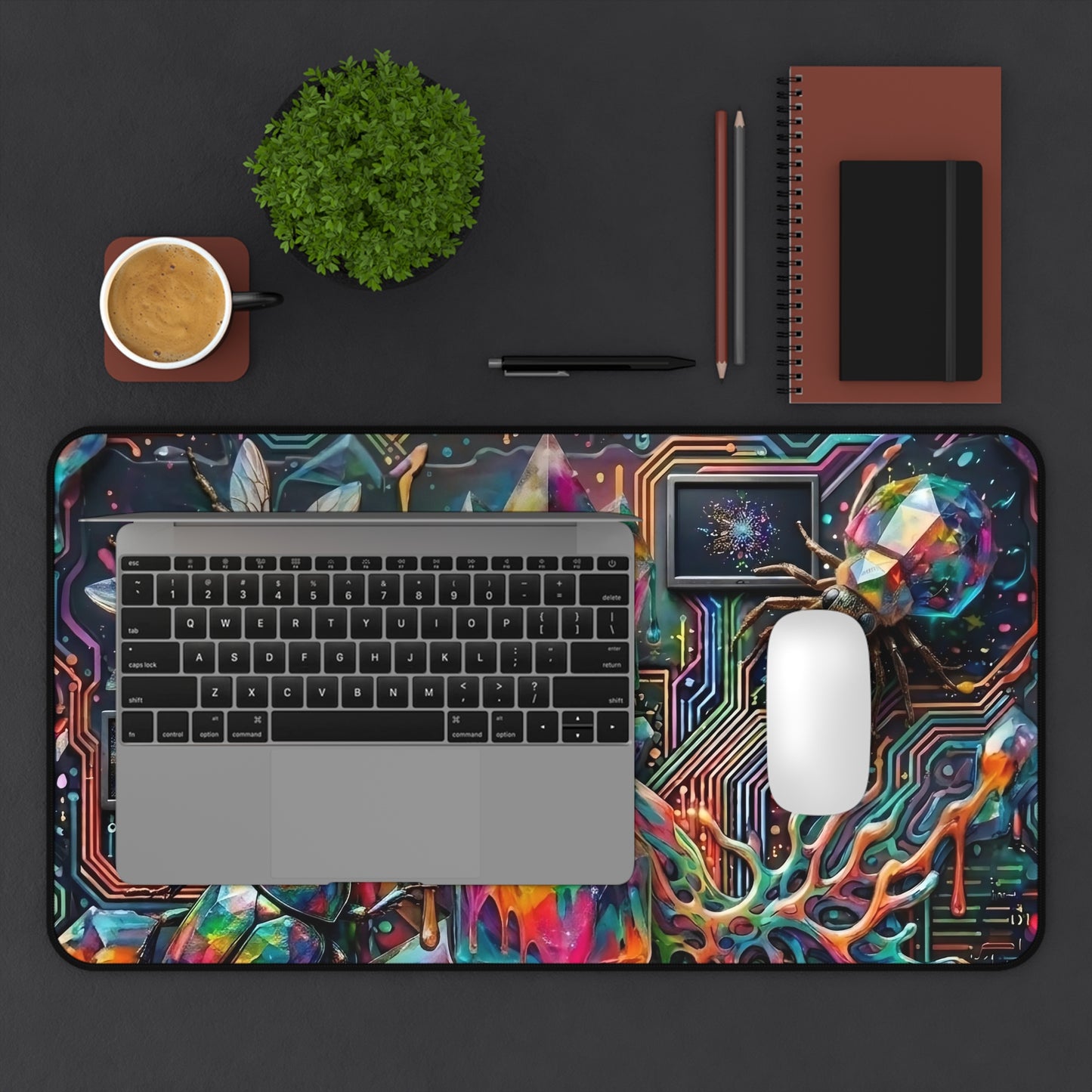 Cyber Psychedelic "Computer Bug" Desk Mat — Crystals, Insects & Circuit Art