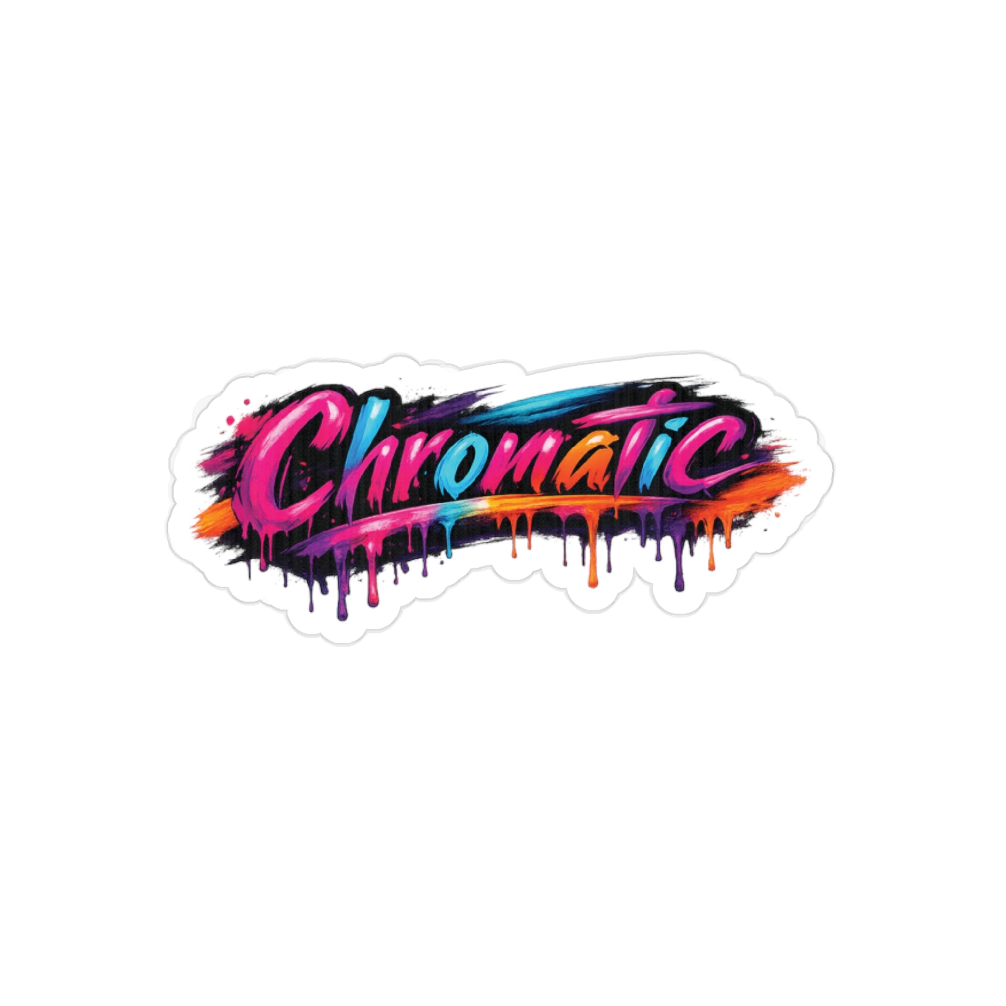 a bold, graffiti‑style “Chromatic” graphic splashed with vivid pink, blue, orange, and black colorful, artistic style ideal for expressive fashion branding.