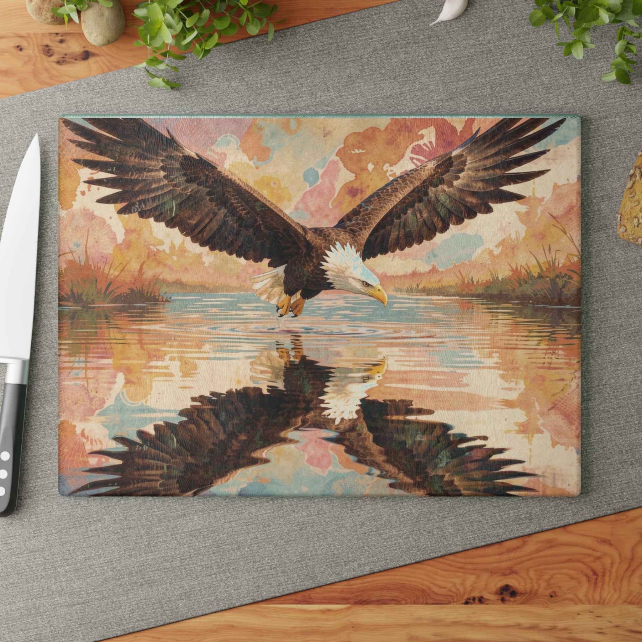 Boho Watercolor Eagle Glass Cutting Board — Swooping Eagle with Reflection