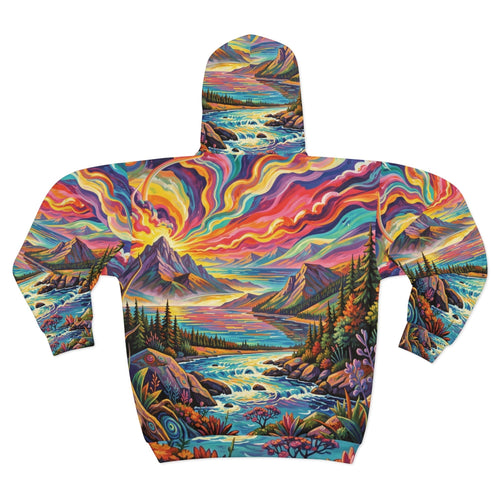 Chromatic zip hoodie featuring a vibrant all-over Pacific Northwest abstract landscape print in teal and sunset orange.