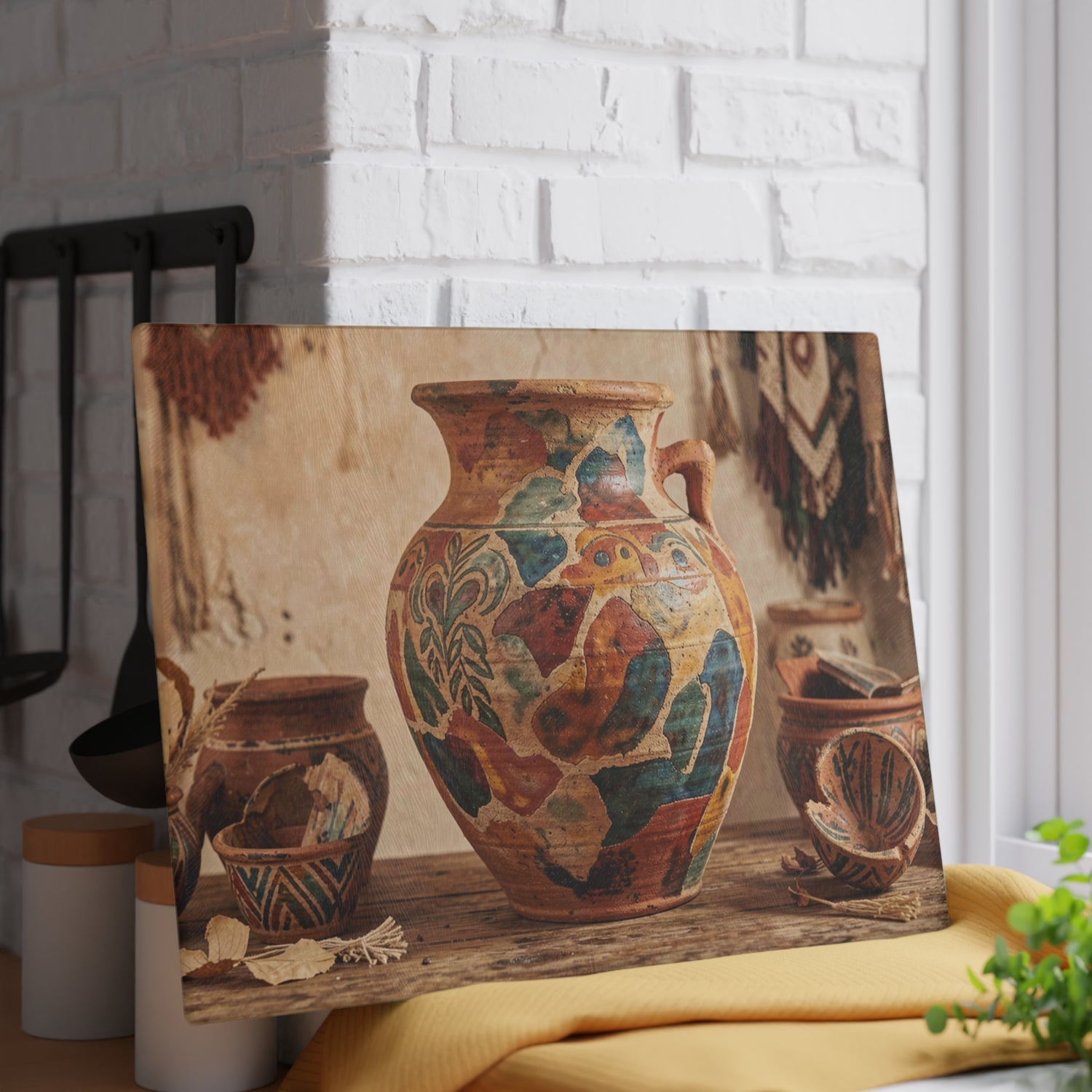 Boho Sunbaked Clay Pitcher Art Glass Cutting Board | Kitchen Countertop Decor