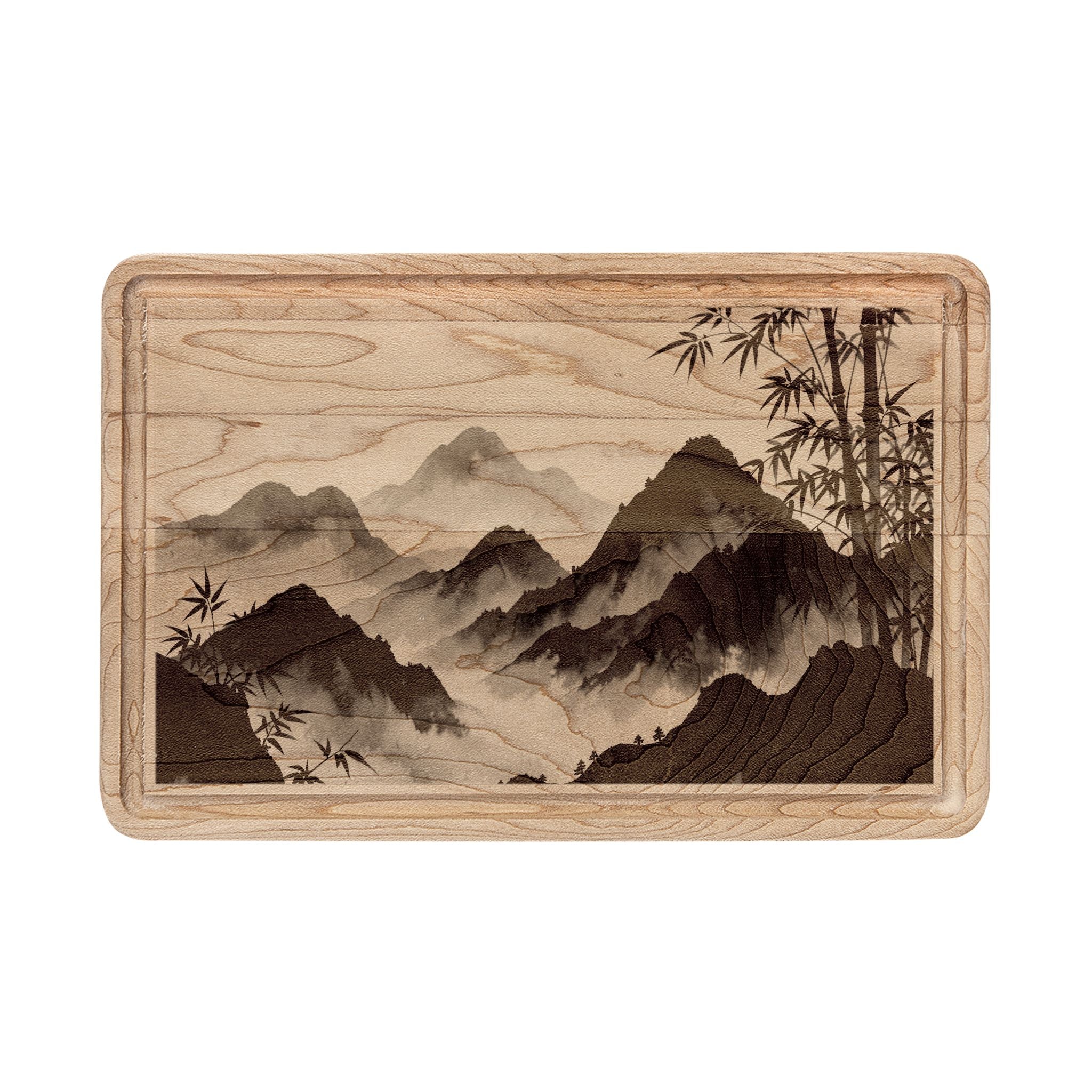 Zen Bamboo Mountains Wooden Cutting Board — Engraved Maple or Walnut