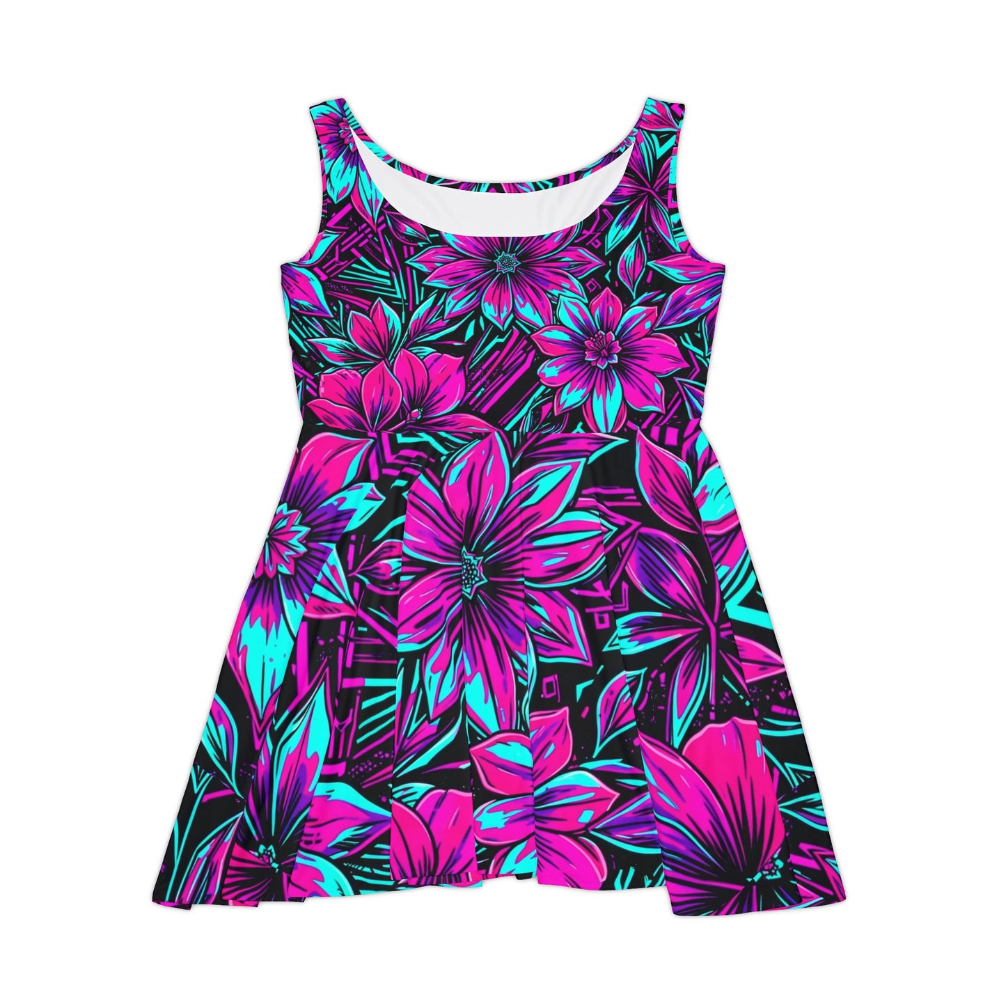 Neon Floral Flared Mini Dress— Bright Breathable Stretchy AOP