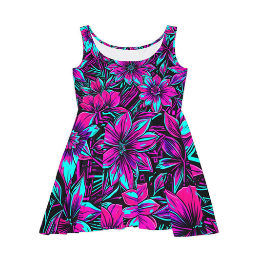 Neon Floral Flared Mini Dress— Bright Breathable Stretchy AOP