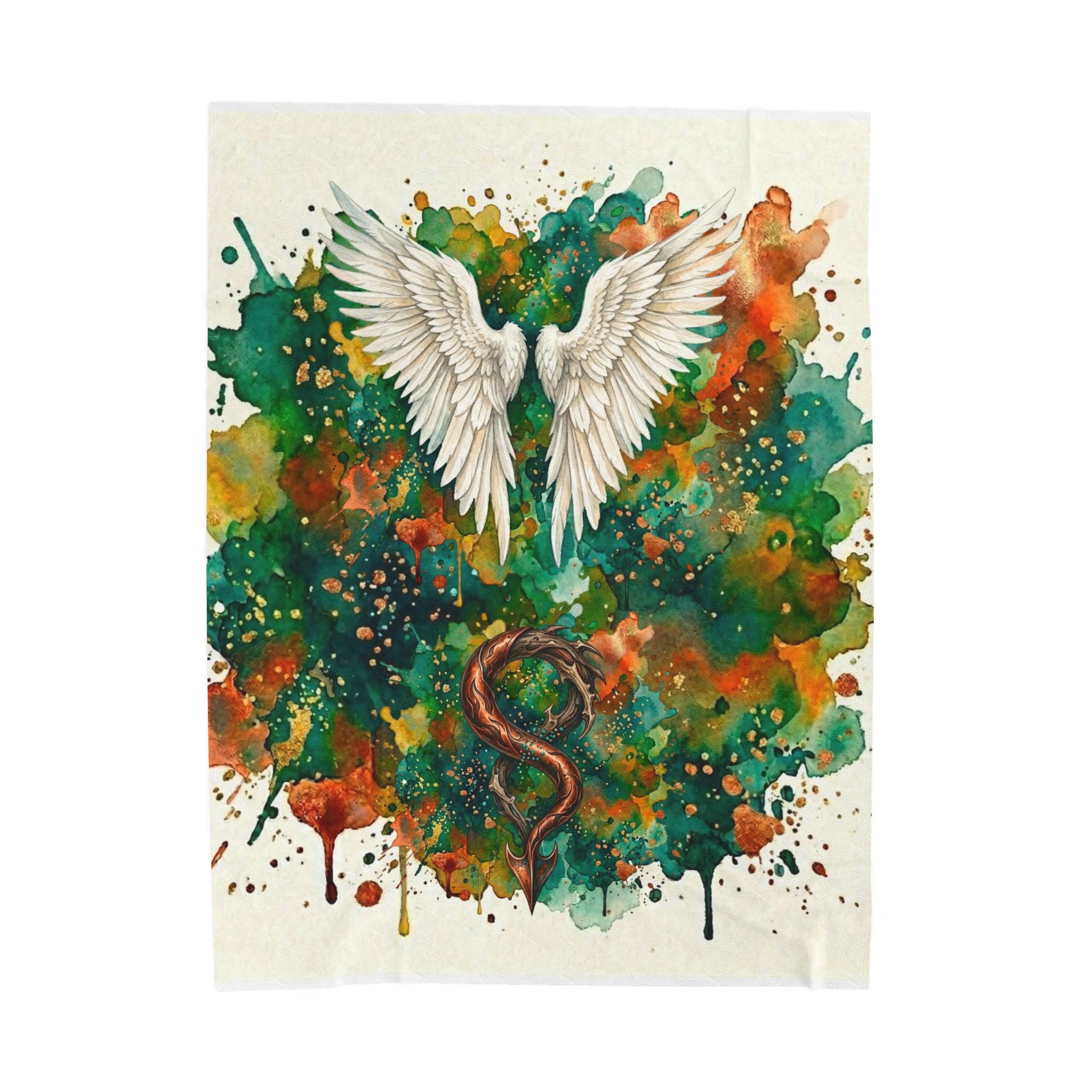 Velveteen Plush Blanket — Angel Wings & Devil Tail Watercolor Duality with Gold & Copper Highlights