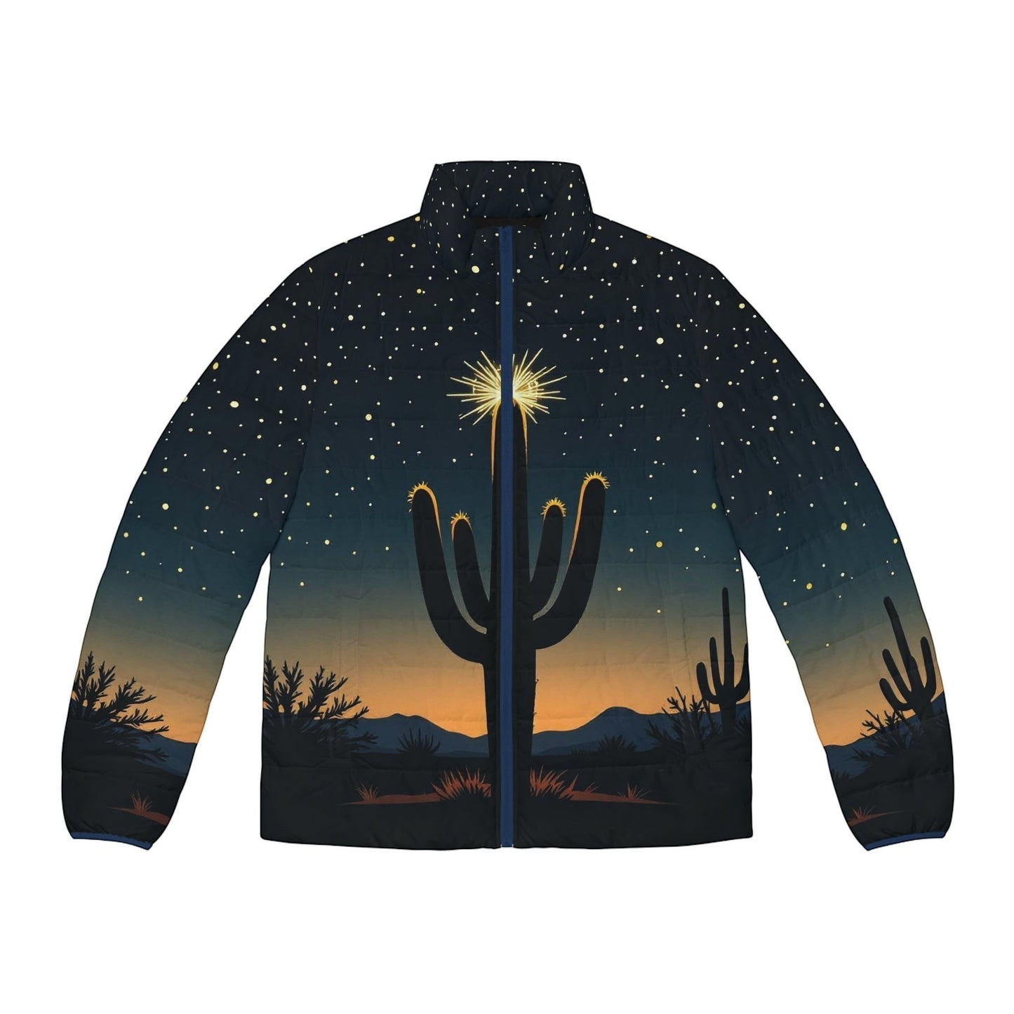 Chromatic puffer jacket featuring a desert cactus silhouette under a starry night sky with warm sunset horizon hues.