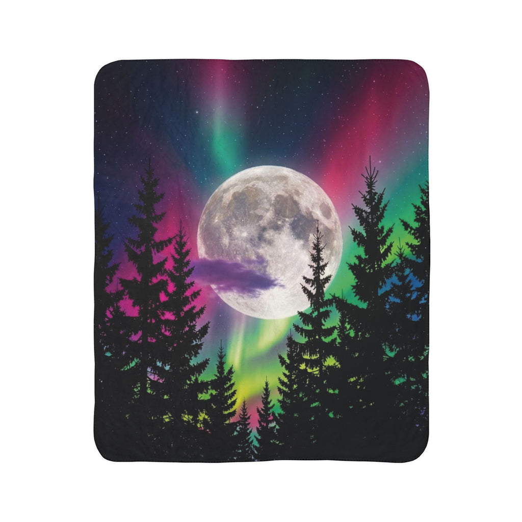 Northern Lights Fleece Sherpa Blanket – Neon Aurora Moon Forest Plush Throw
