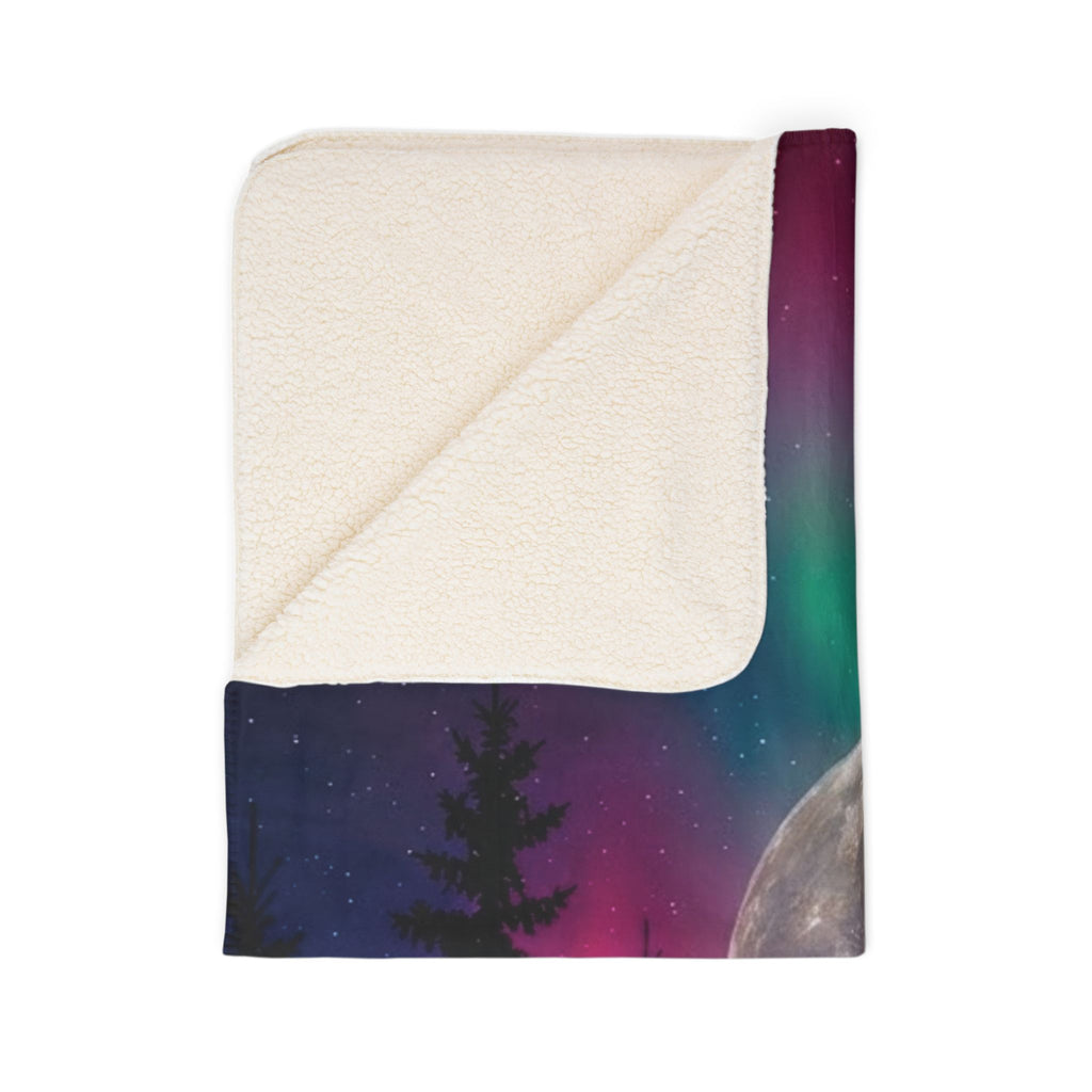 Northern Lights Fleece Sherpa Blanket – Neon Aurora Moon Forest Plush Throw