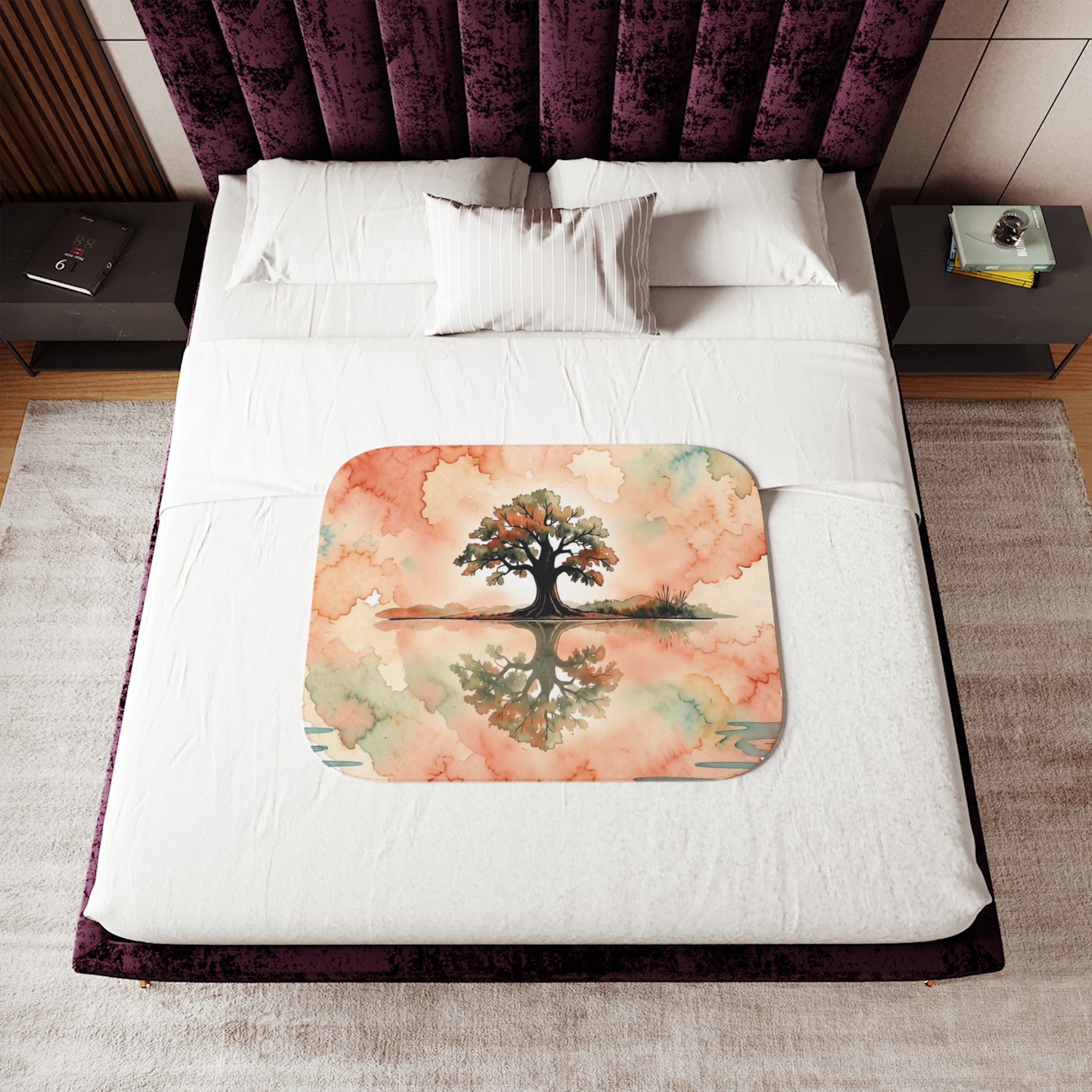 Zen Watercolor Tree Sherpa Blanket — Lone Tree Lake Reflection