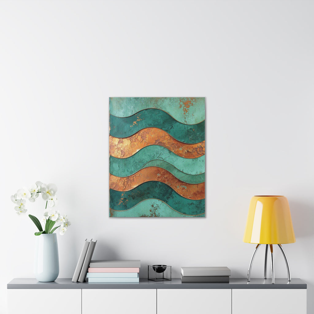 Abstract Copper Waves Canvas Art – Teal & Rust Stretched Wall Decor