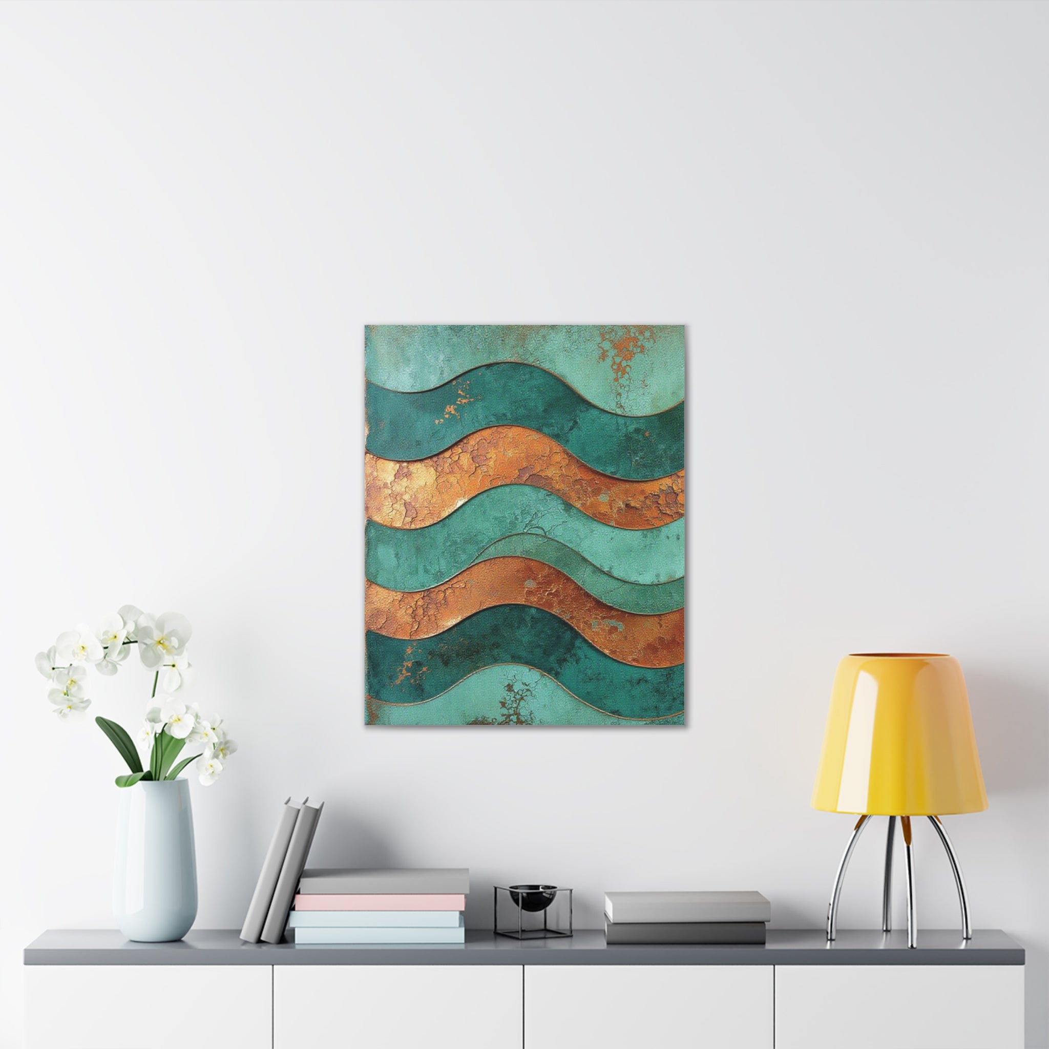 Abstract Copper Waves Canvas Art – Teal & Rust Stretched Wall Decor