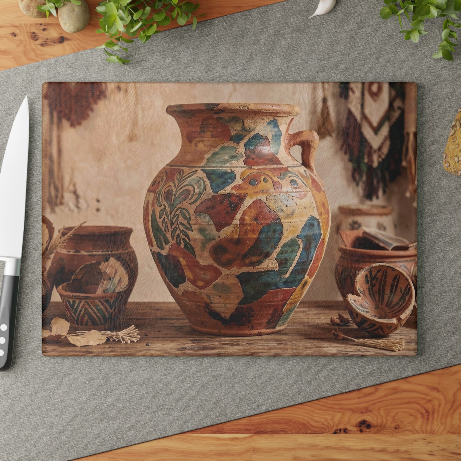 Boho Sunbaked Clay Pitcher Art Glass Cutting Board | Kitchen Countertop Decor