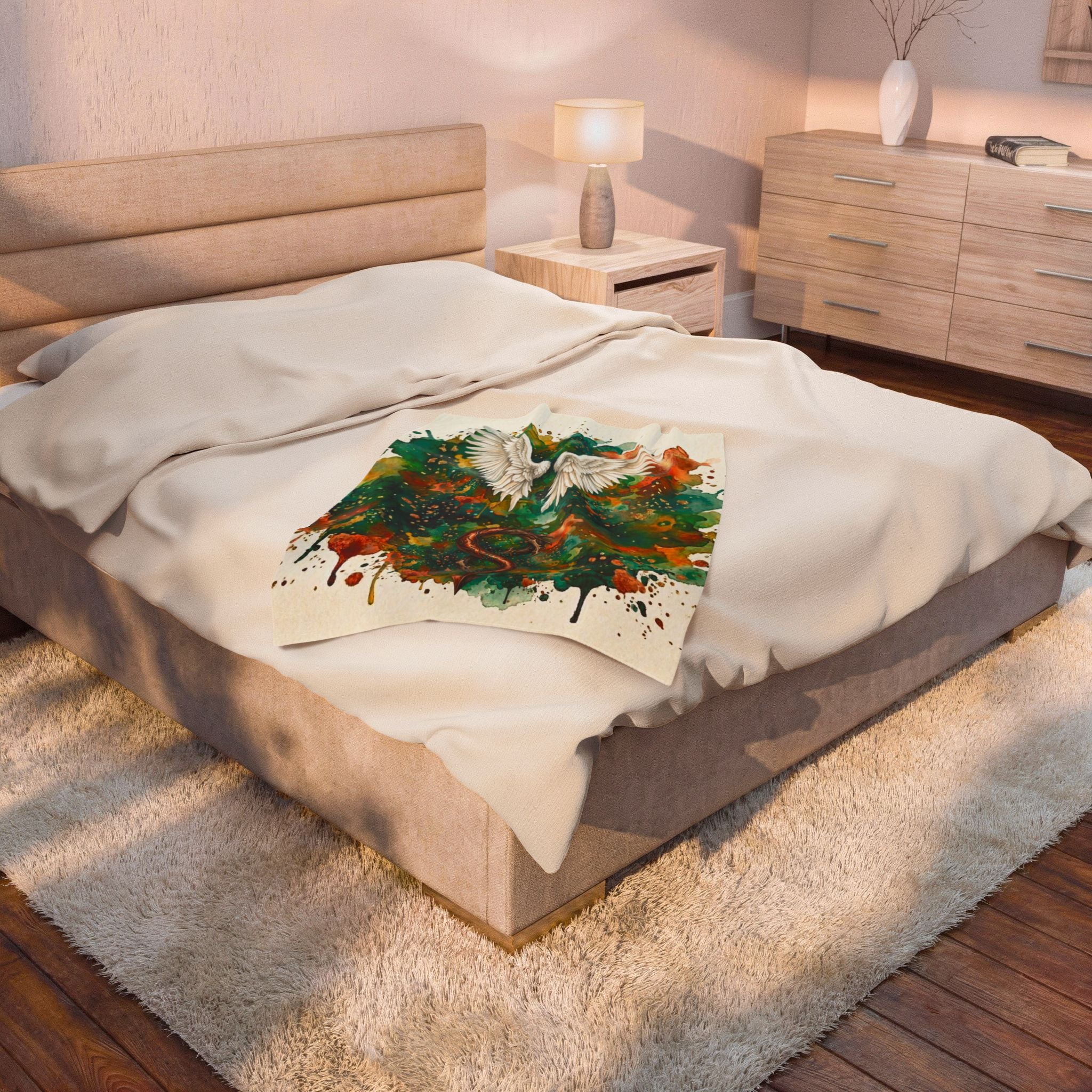 Velveteen Plush Blanket — Angel Wings & Devil Tail Watercolor Duality with Gold & Copper Highlights