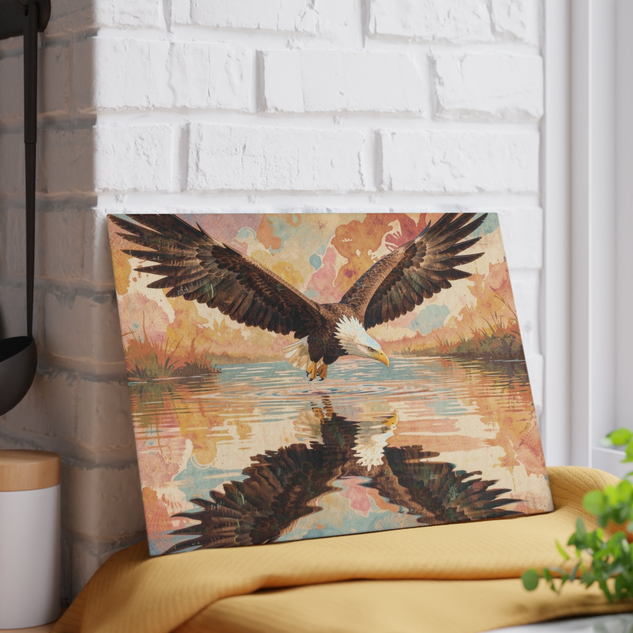 Boho Watercolor Eagle Glass Cutting Board — Swooping Eagle with Reflection