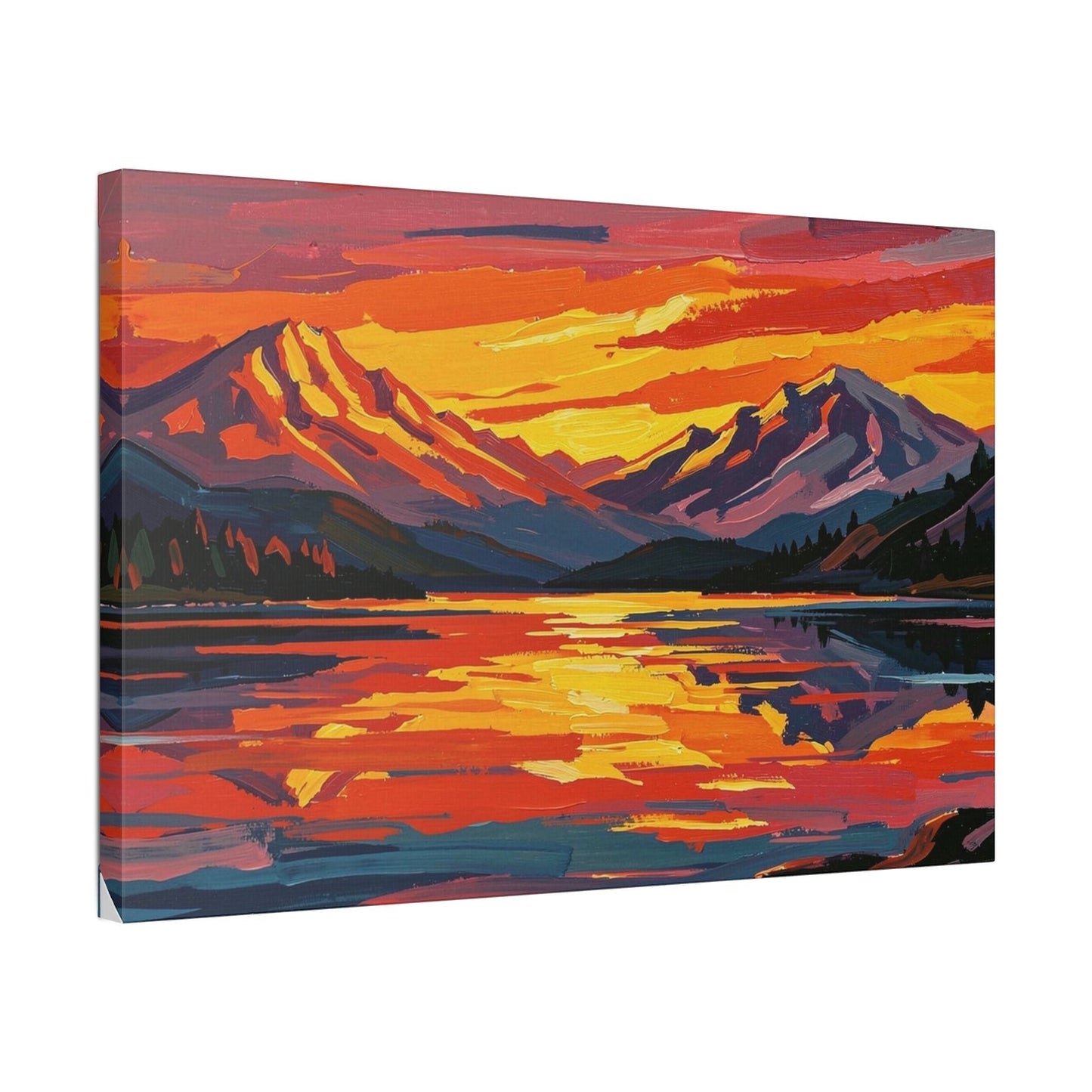 Chromatic canvas print featuring a vibrant sunset over a mountain lake with textured orange, magenta, and indigo paint.