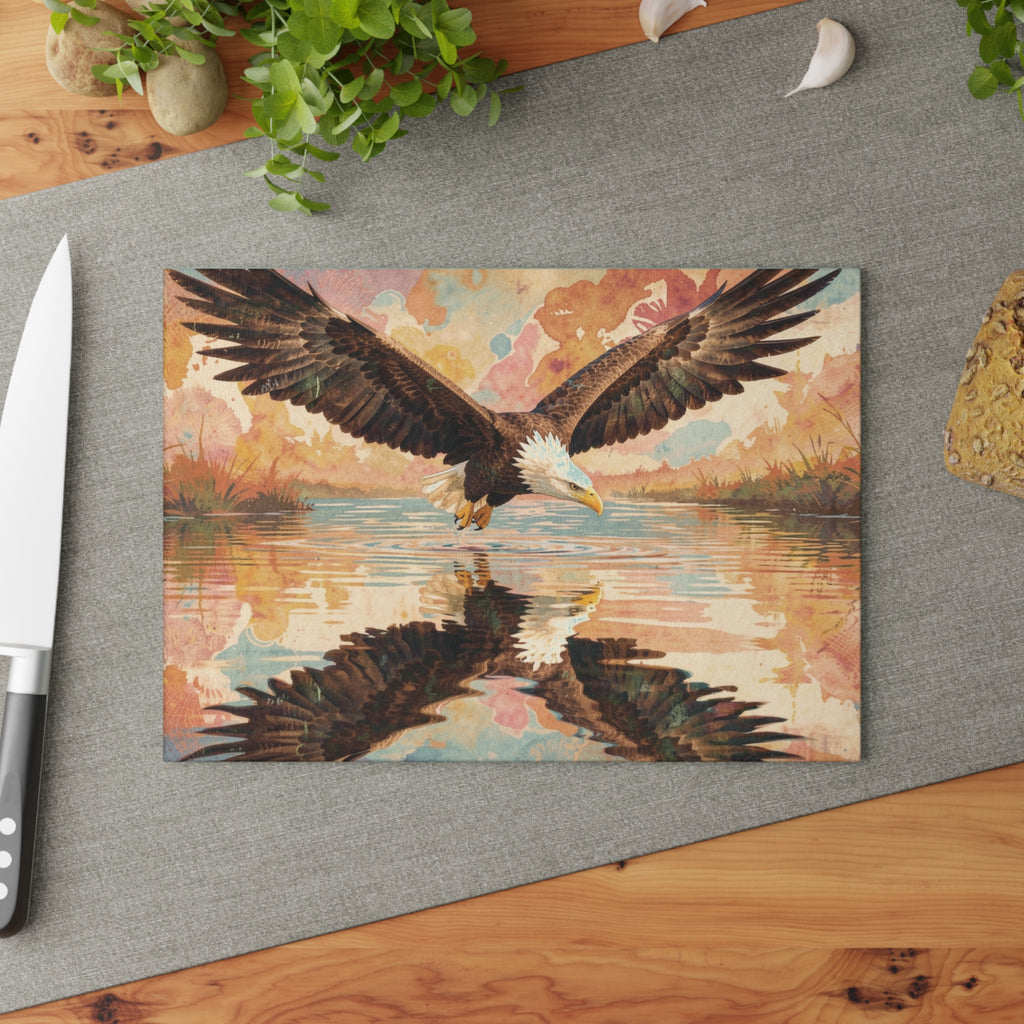 Boho Watercolor Eagle Glass Cutting Board — Swooping Eagle with Reflection