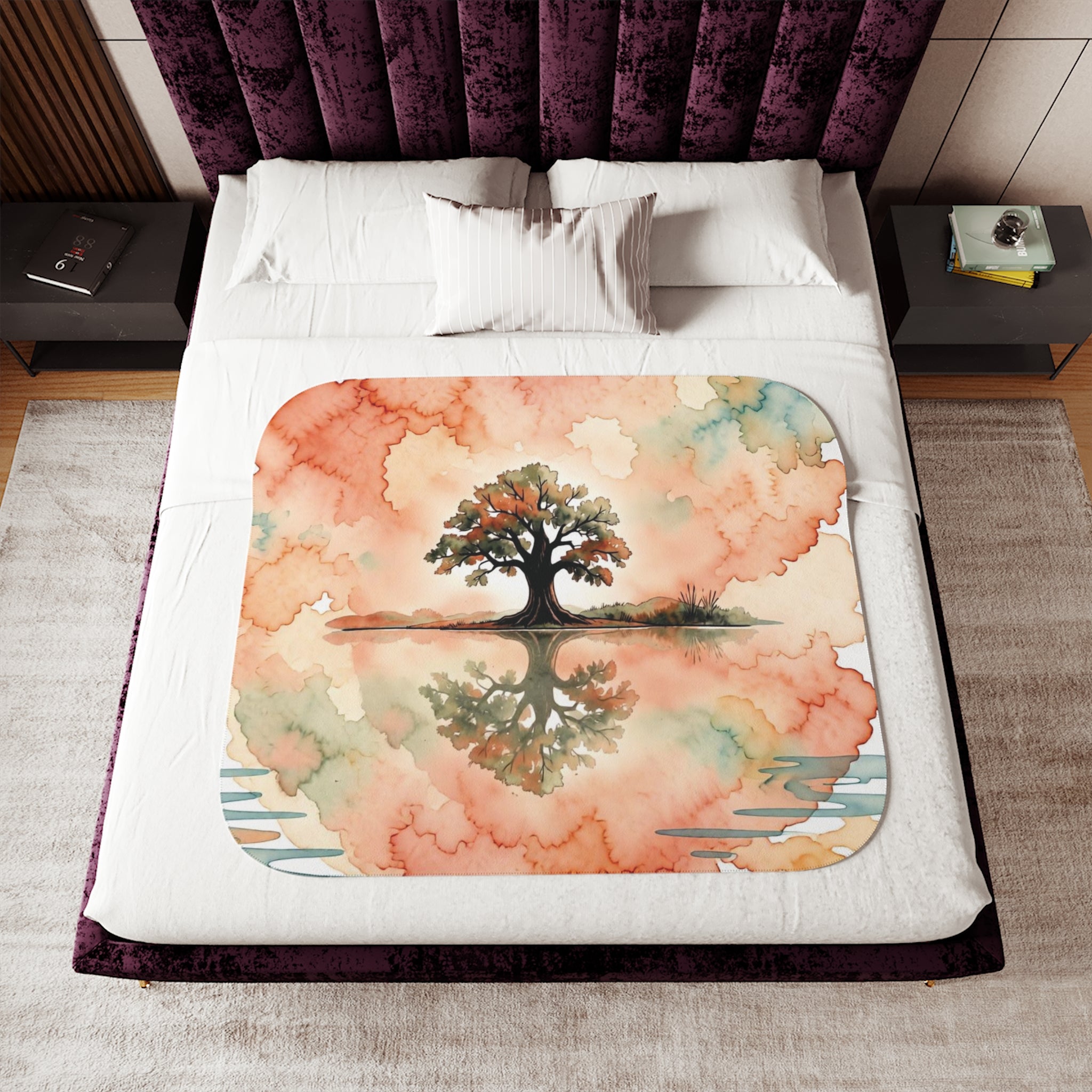 Zen Watercolor Tree Sherpa Blanket — Lone Tree Lake Reflection