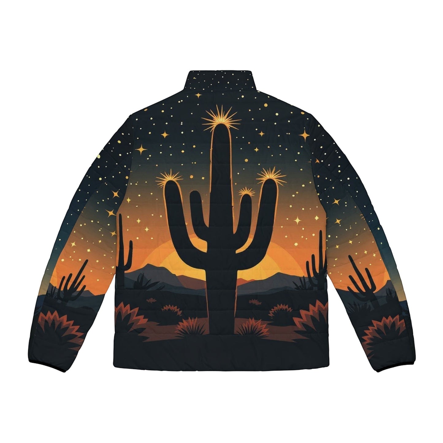 Chromatic puffer jacket featuring a desert sunset, cactus silhouettes, and starry night sky print on polyester shell.