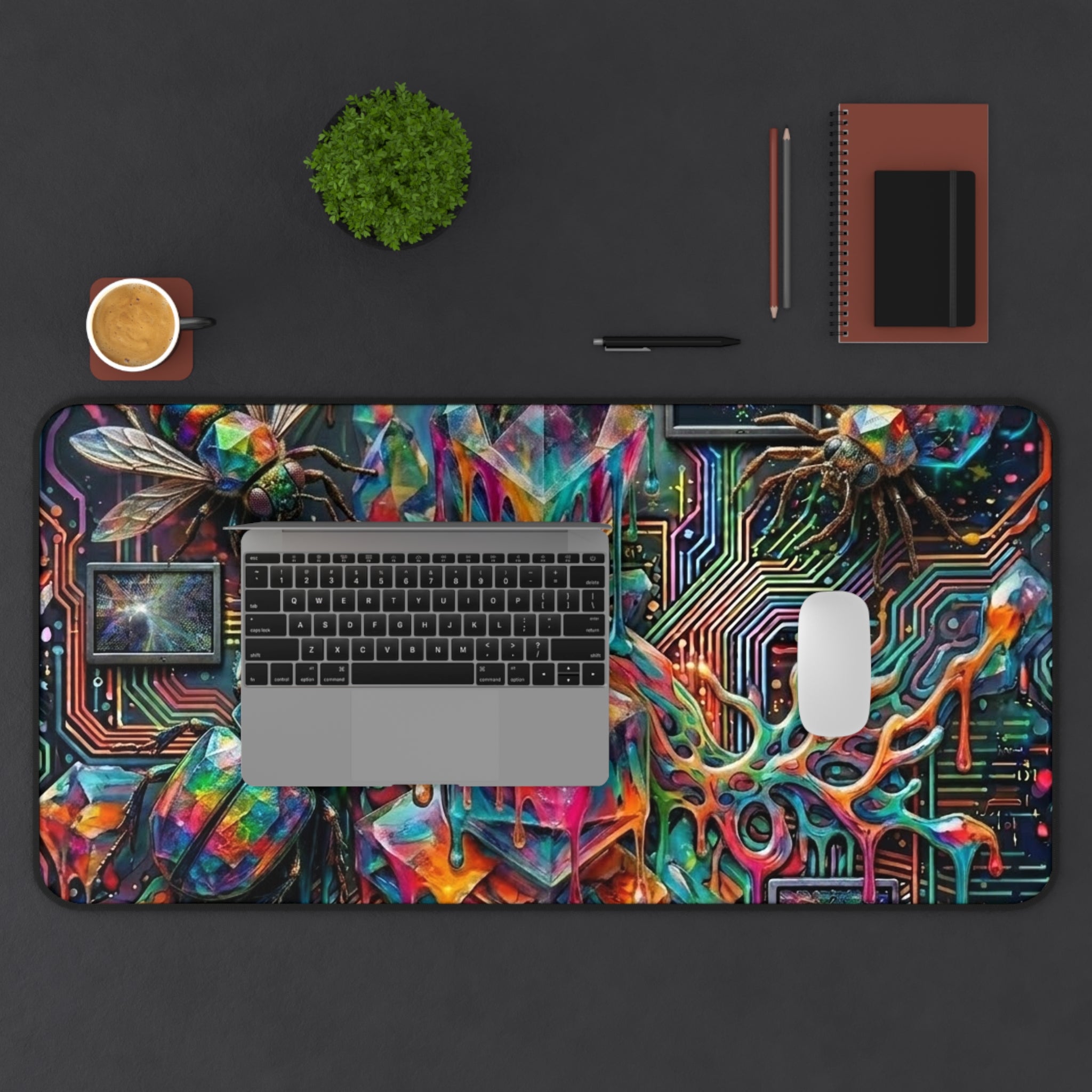 Cyber Psychedelic "Computer Bug" Desk Mat — Crystals, Insects & Circuit Art