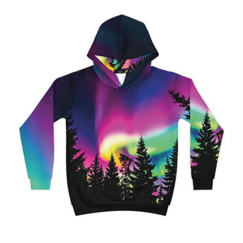 Aurora Neon Moon Children's Hoodie — Bright Night Sky Over Tree Line
