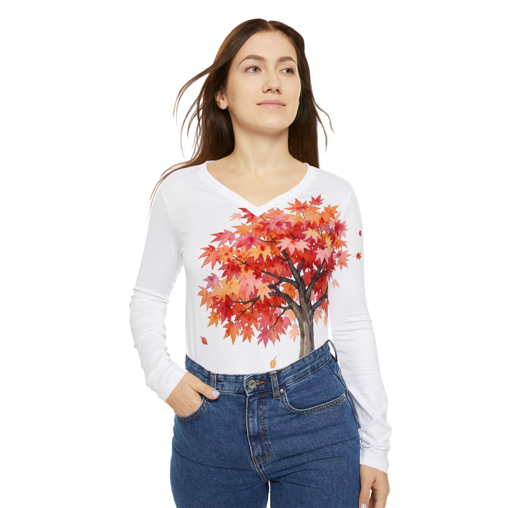 Japanese Maple Colorful Statement Women's Long Sleeve V-Neck Shirt
