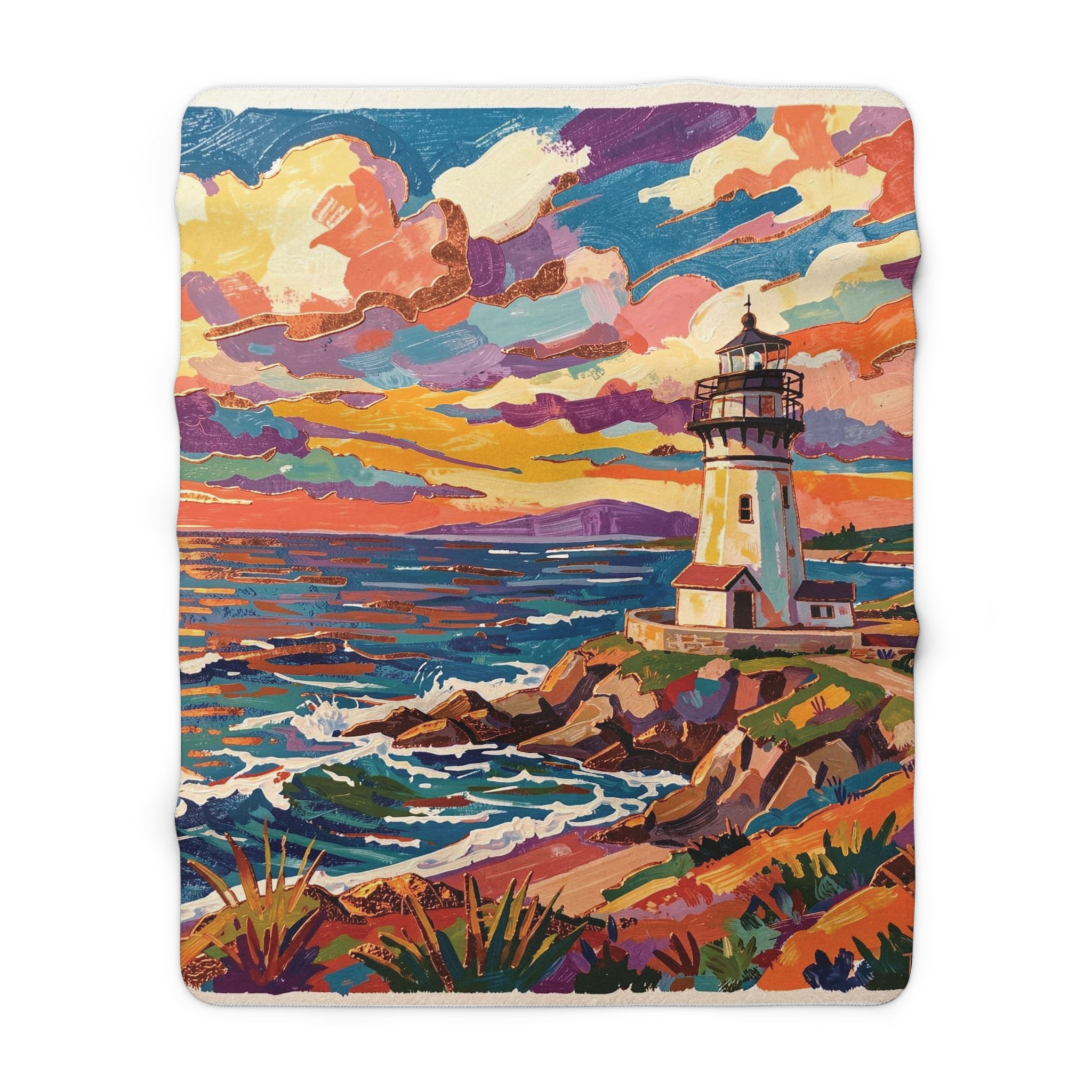 Colorful Lighthouse Sherpa Fleece Blanket — Cozy Nautical Throw