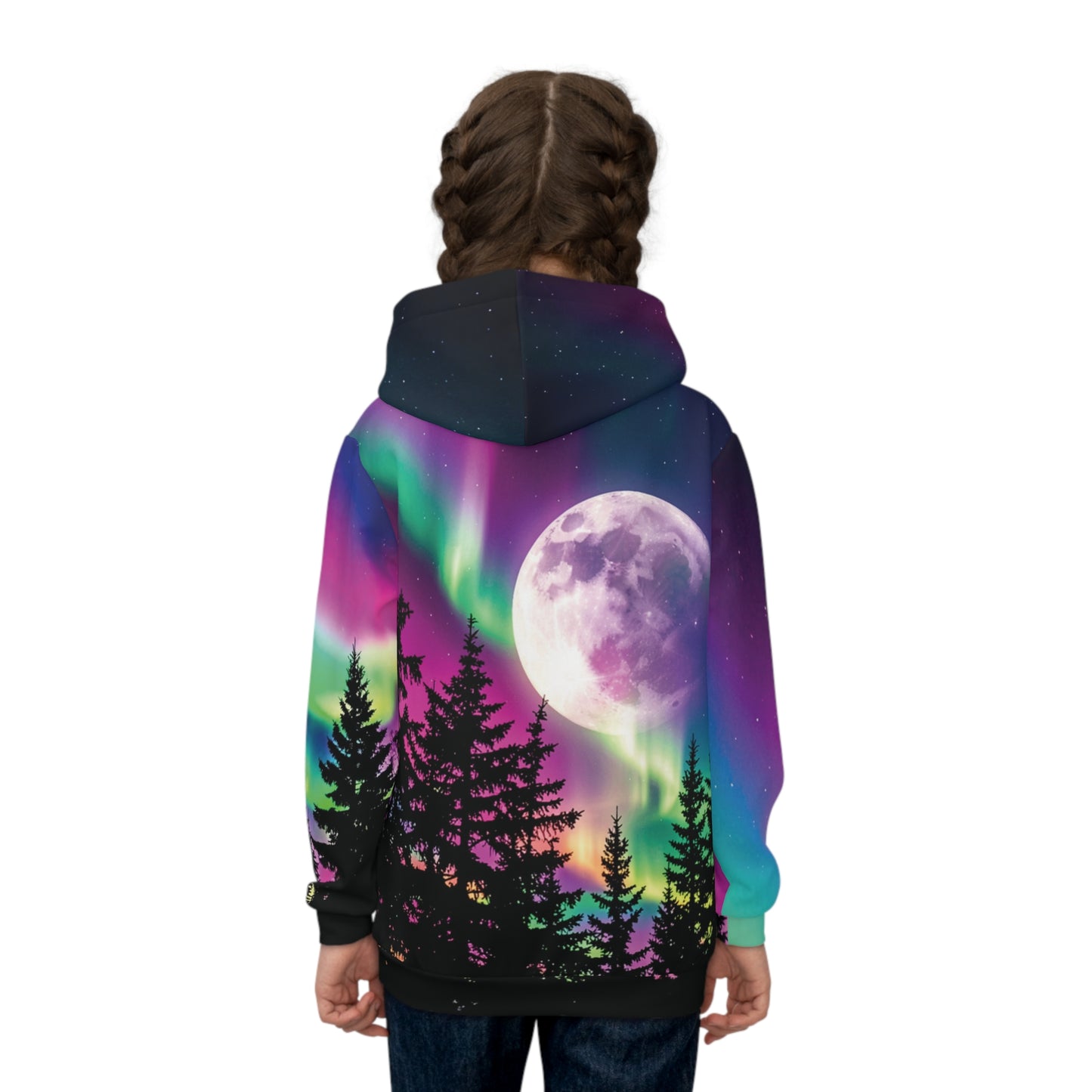 Aurora Neon Moon Children's Hoodie — Bright Night Sky Over Tree Line