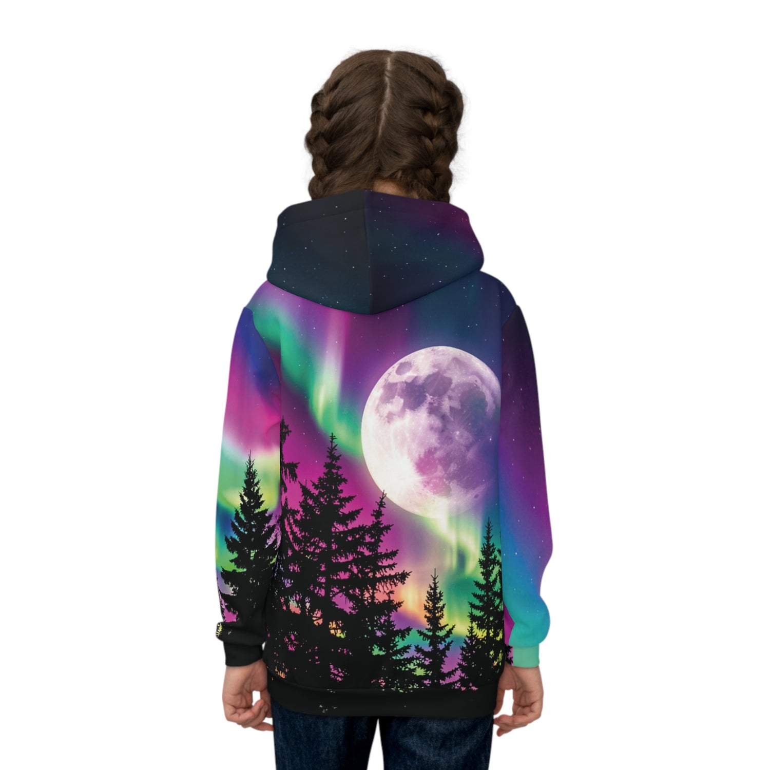 Aurora Neon Moon Children's Hoodie — Bright Night Sky Over Tree Line