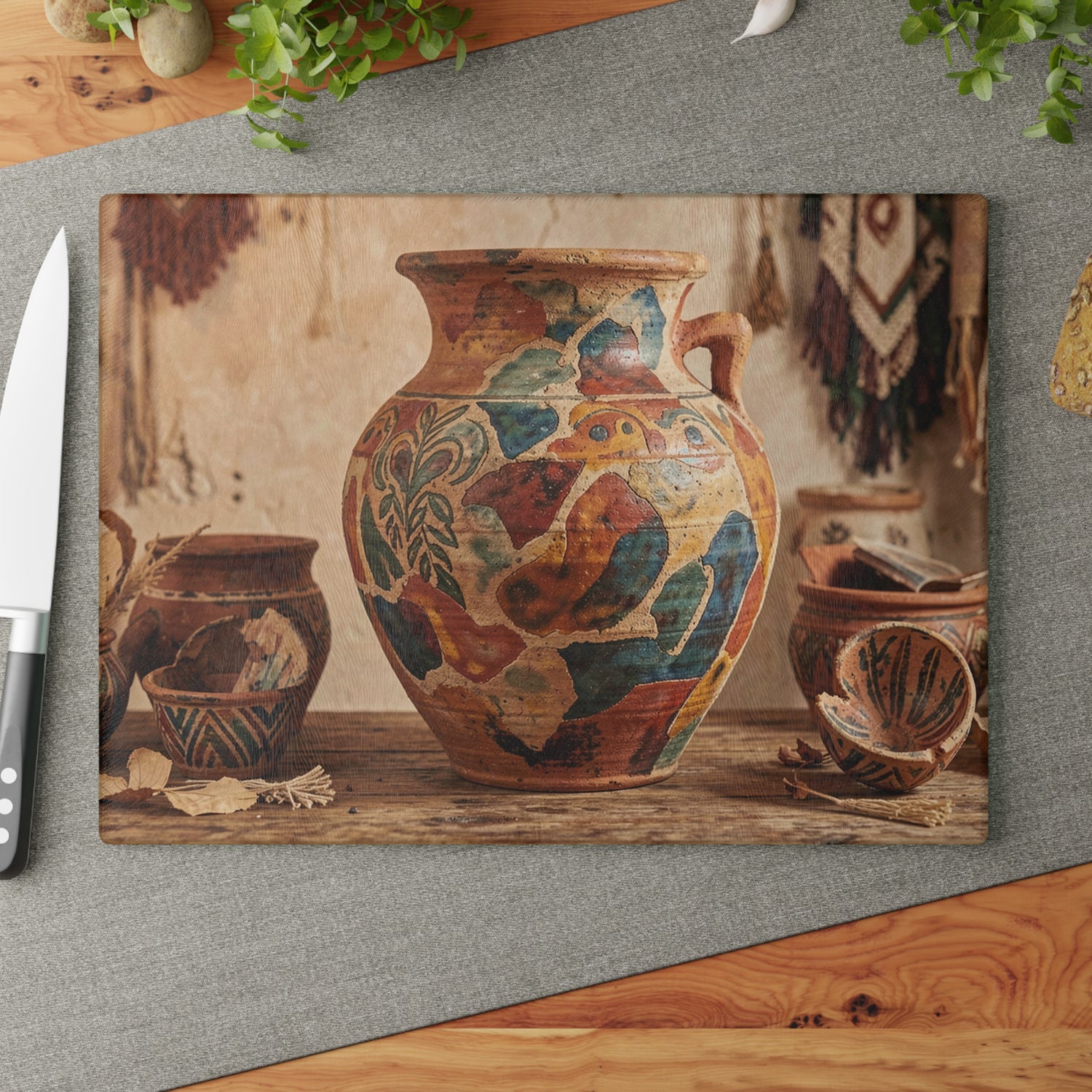 Boho Sunbaked Clay Pitcher Art Glass Cutting Board | Kitchen Countertop Decor