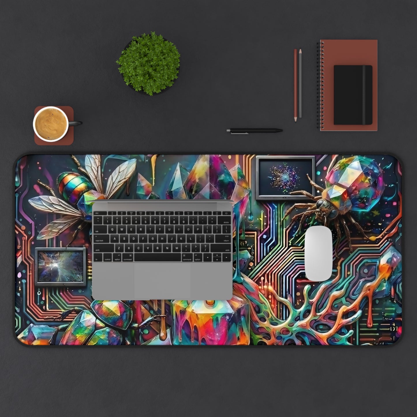 Cyber Psychedelic "Computer Bug" Desk Mat — Crystals, Insects & Circuit Art