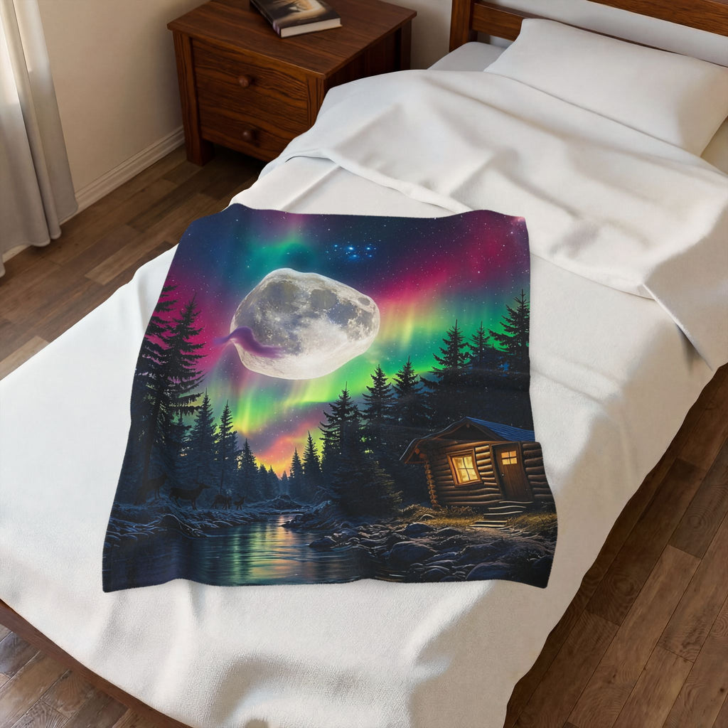 Northern Lights Cabin Velveteen Plush Blanket — Moonlit Aurora Throw for Cozy Nights