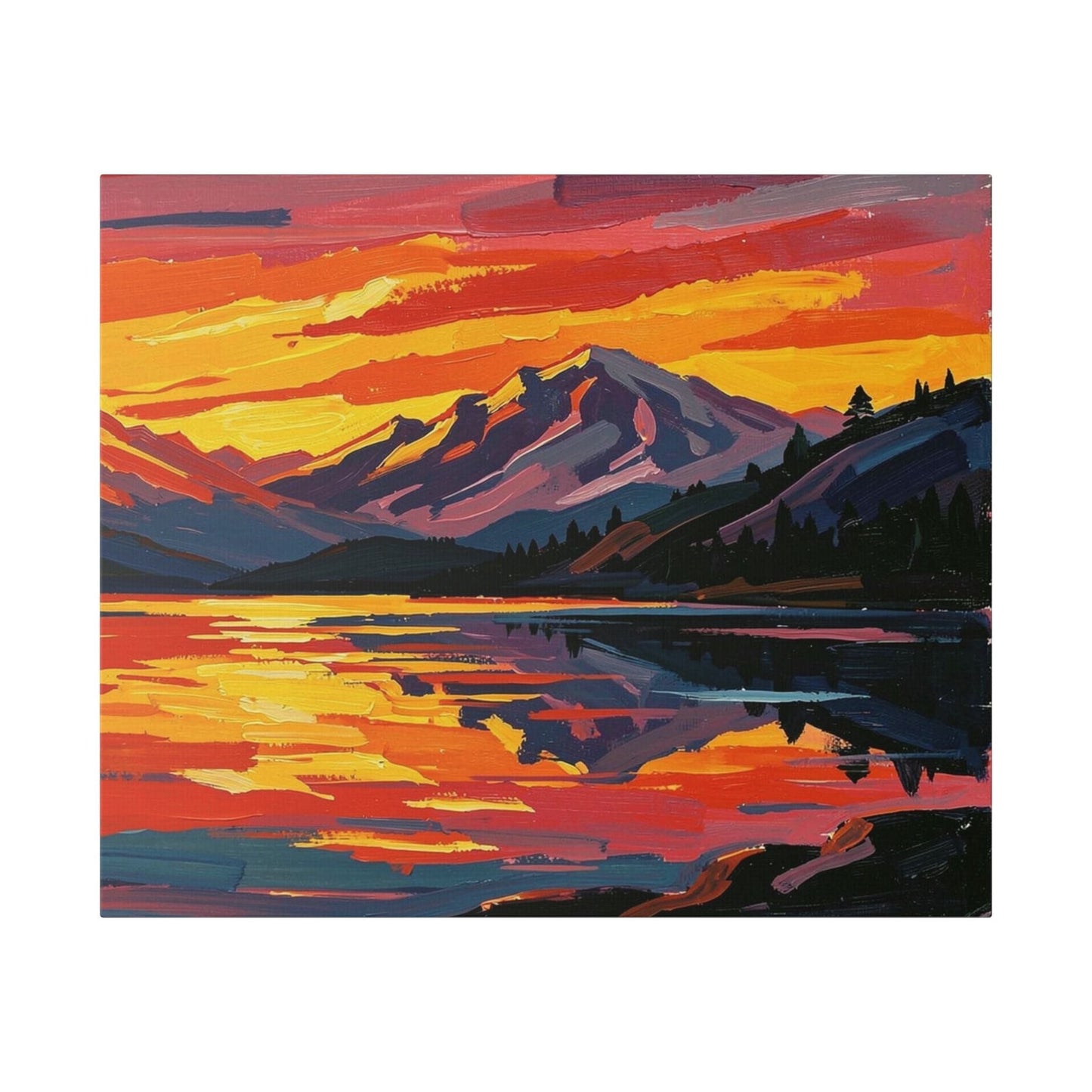 Chromatic canvas print featuring a vibrant sunset over a mountain lake with bold orange, magenta, and indigo strokes.