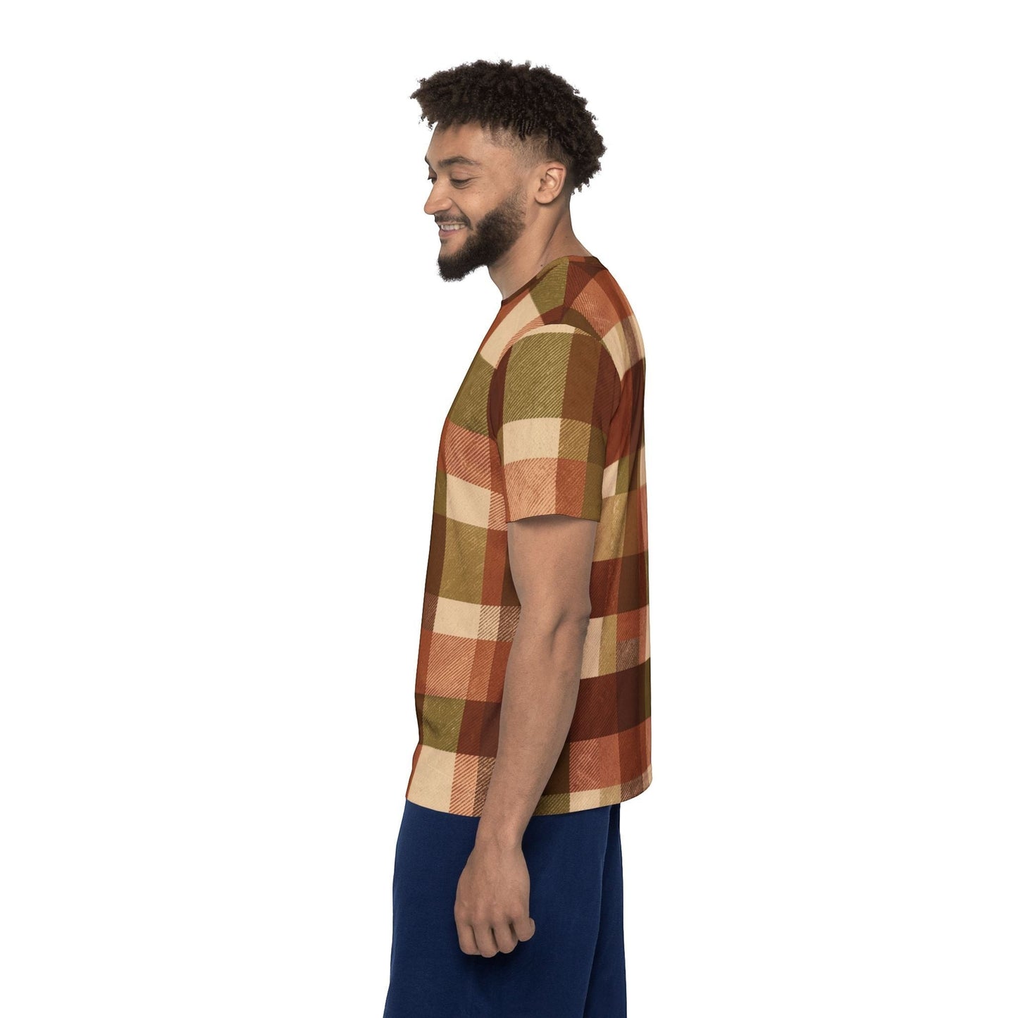 Chromatic sports jersey in autumn brown plaid with rust, olive, and cream tones, worn by a man in profile view.