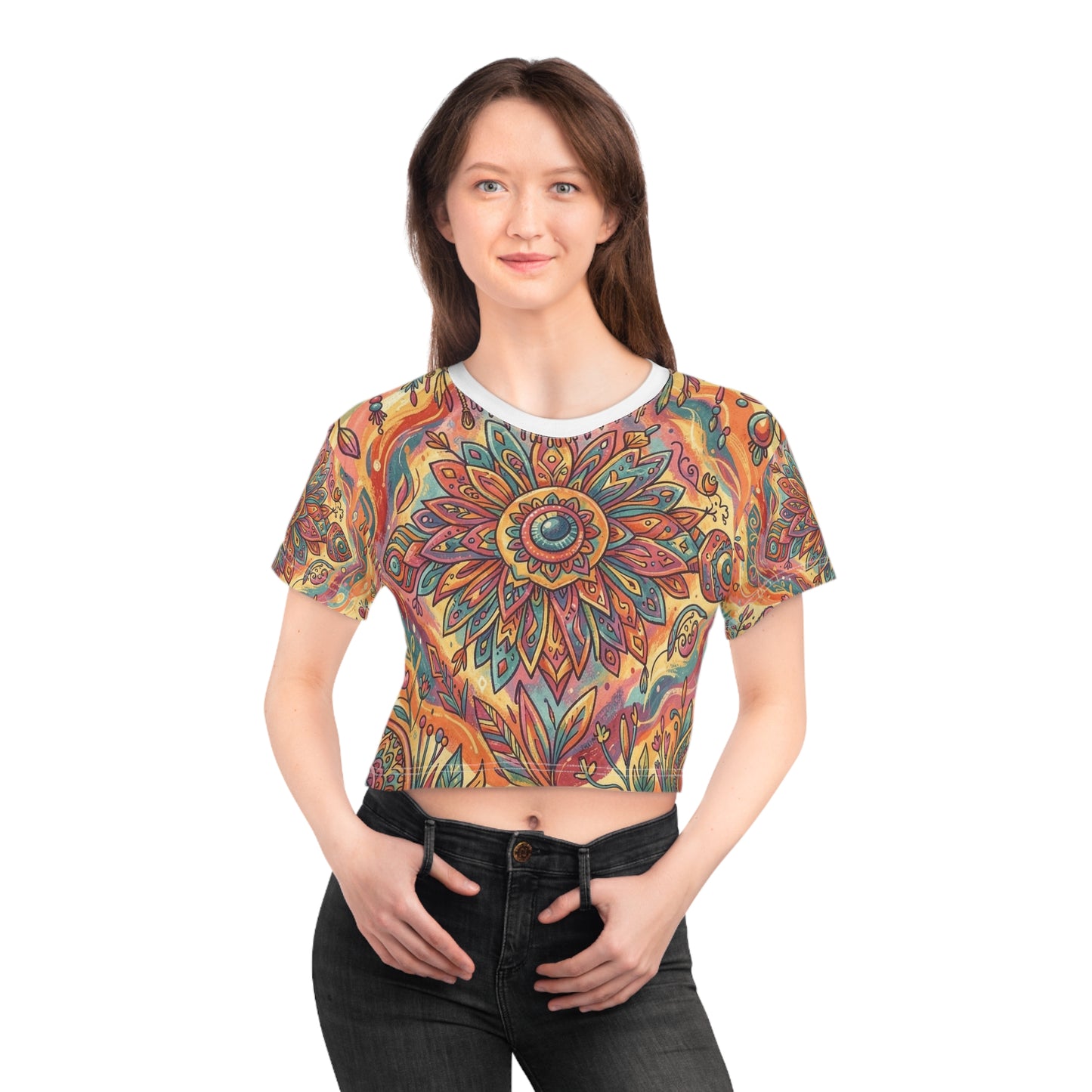 Boho Colorful Print Crop Tee | Trendy Activewear Top