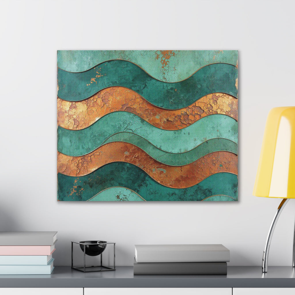 Abstract Copper Waves Canvas Art – Teal & Rust Stretched Wall Decor