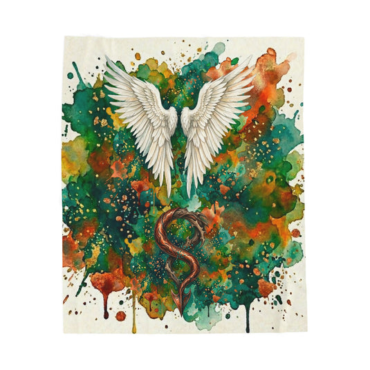 Velveteen Plush Blanket — Angel Wings & Devil Tail Watercolor Duality with Gold & Copper Highlights