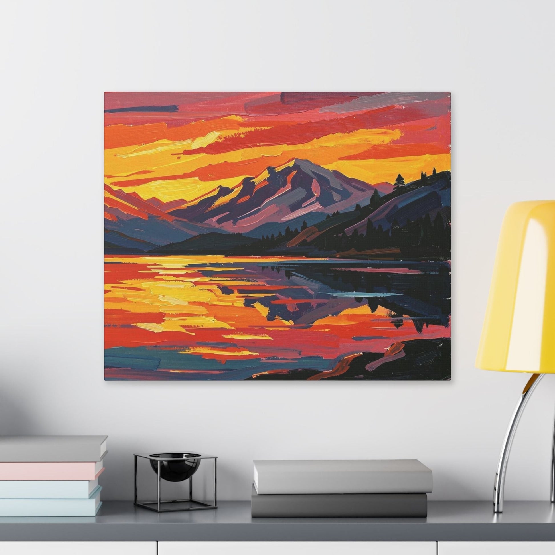 Chromatic sunset mountain lake canvas print with vibrant orange, magenta, and indigo brushstrokes on a pinewood frame.